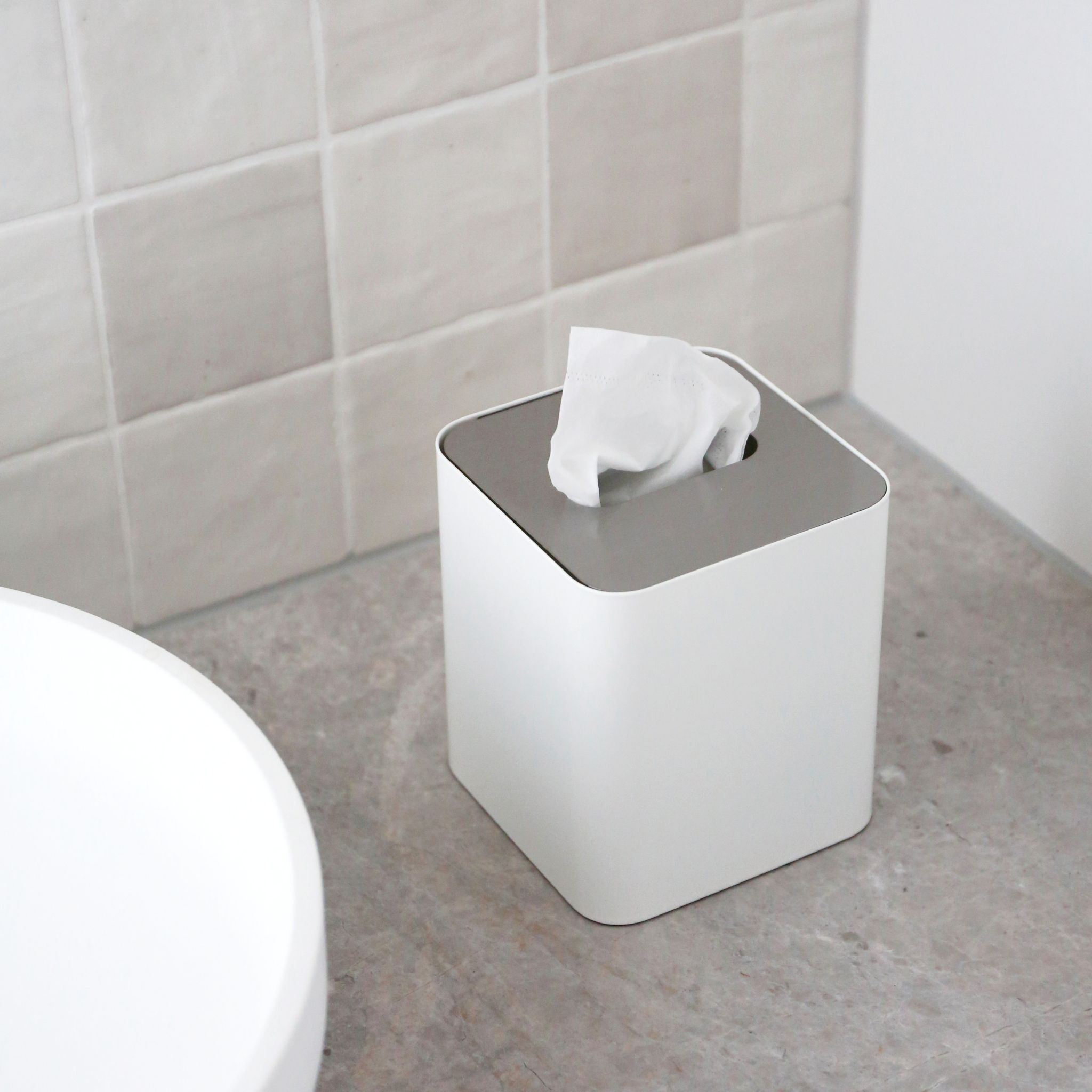 Square Tissue Box with Metal Lid - White & Brushed Steel Home Decor | Modern Tissue Holder for Living Room, Bathroom & Office