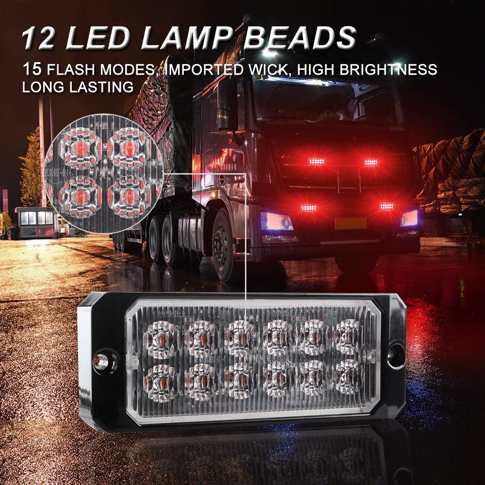 1PCS Red LED Emergency Strobe Light Bar 12-24V with 12 LEDs - Multi-Strobe Modes for Cars, Trucks & Emergency Vehicles | Waterproof Surface Mount Warning Flash Light for Police, Construction & Road Safety