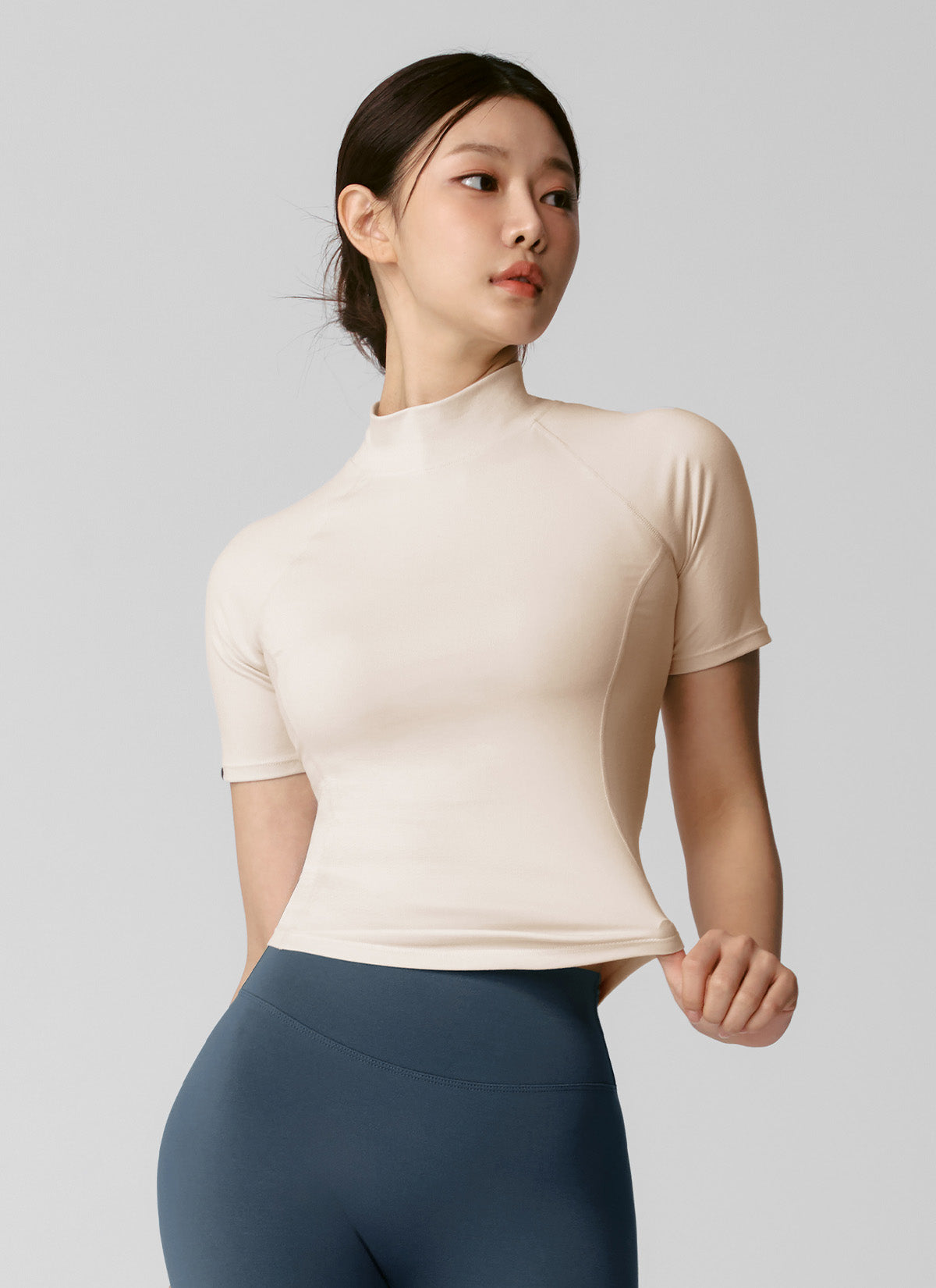 Peach-Colored Mock Neck Short Sleeve T-Shirt for Women - Casual Summer Top for Outings & Date Nights