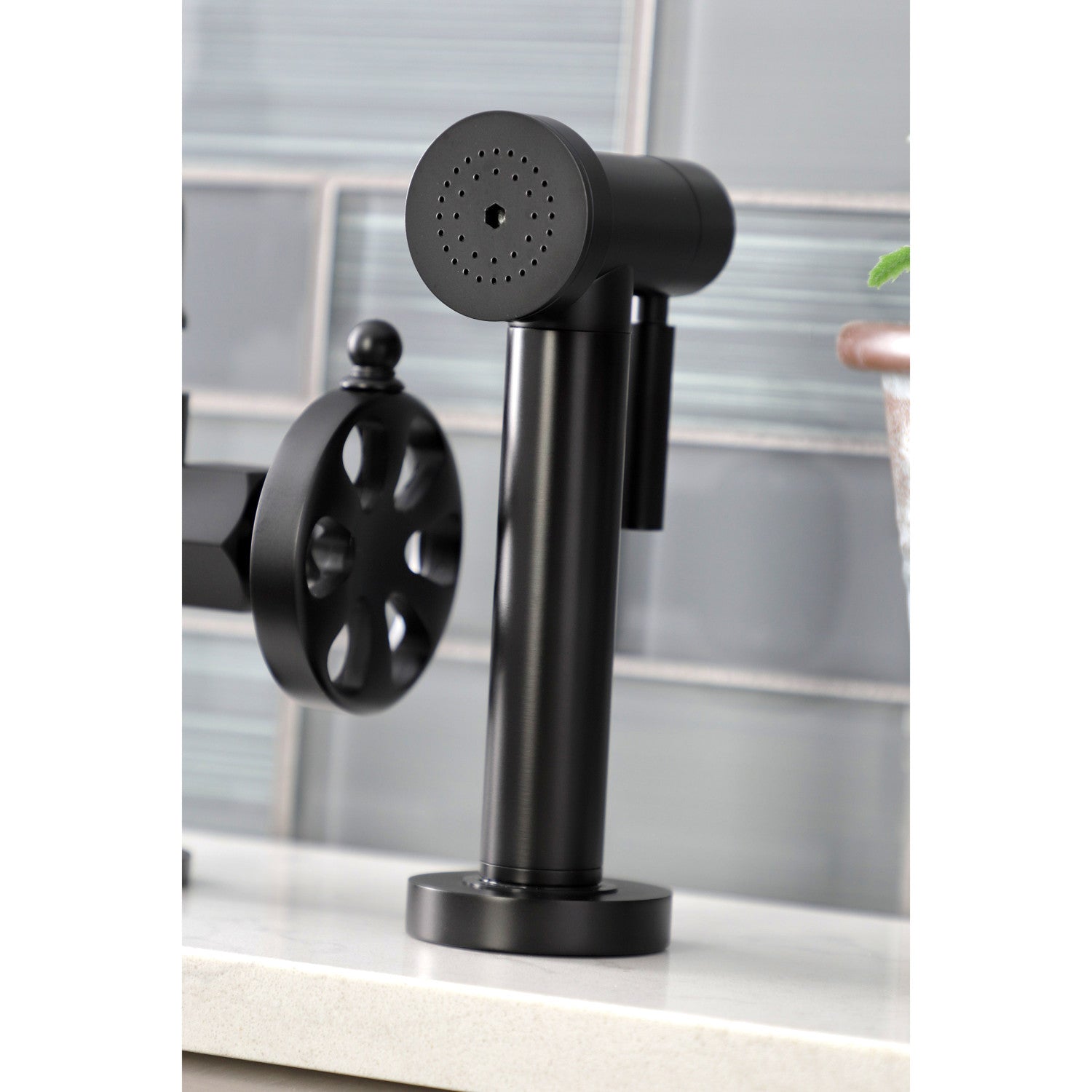 Belknap KS2330RX Matte Black Industrial Bridge Kitchen Faucet - 2 Handle 4 Hole Deck Mount with Brass Side Sprayer - Perfect for Farmhouse & Commercial Style Kitchens