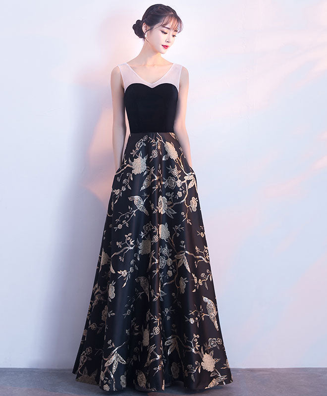 Elegant Black Floral Long Prom Dress - Formal Evening Gown for Homecoming, Ball & Special Occasions