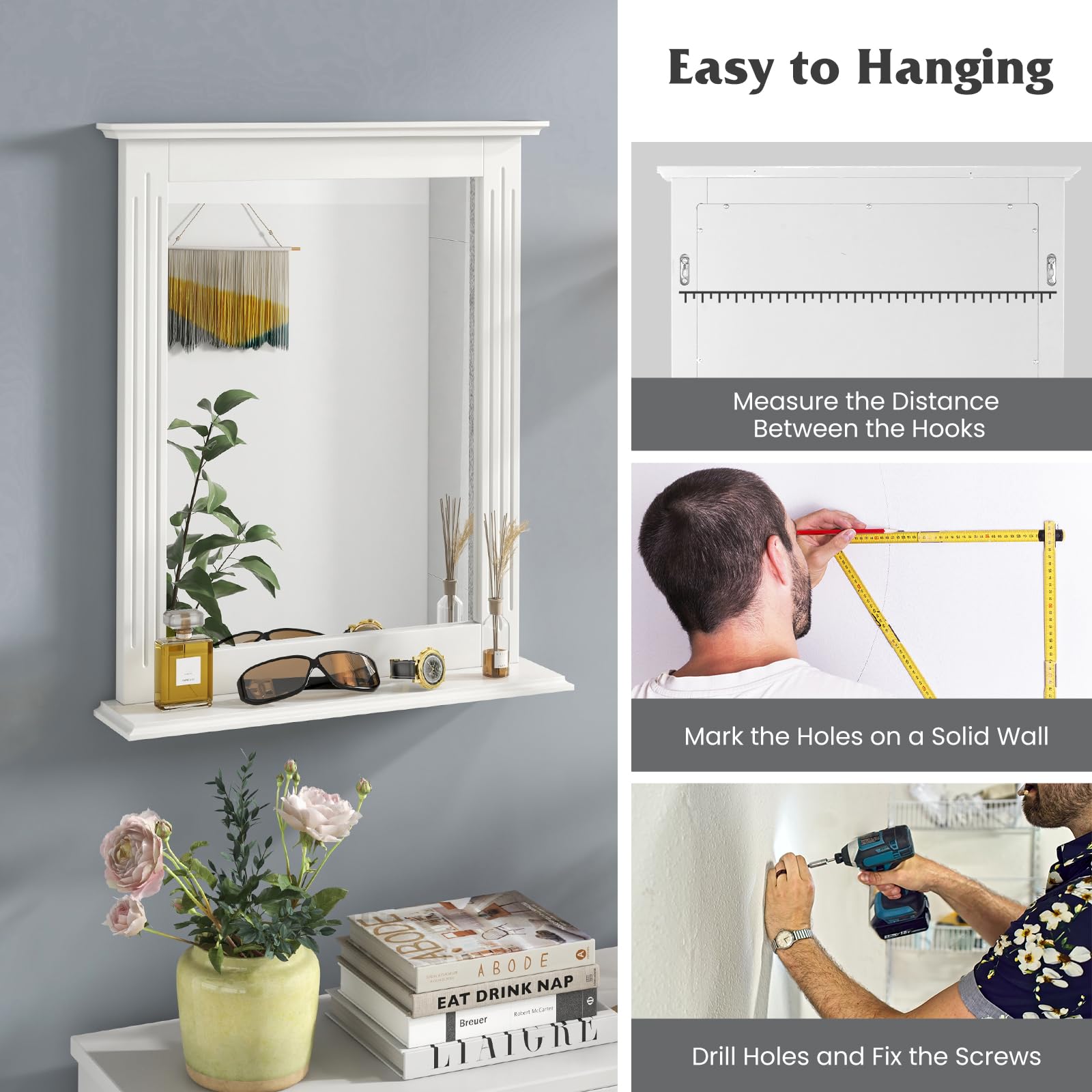 Tangkula Rectangle Bathroom Wall Mirror with Shelf - Over Sink Vanity Mirror for Dressing Room, Washroom & Bedroom - Modern Wall Mounted Mirror (White) - Perfect for Makeup, Shaving & Home Decor