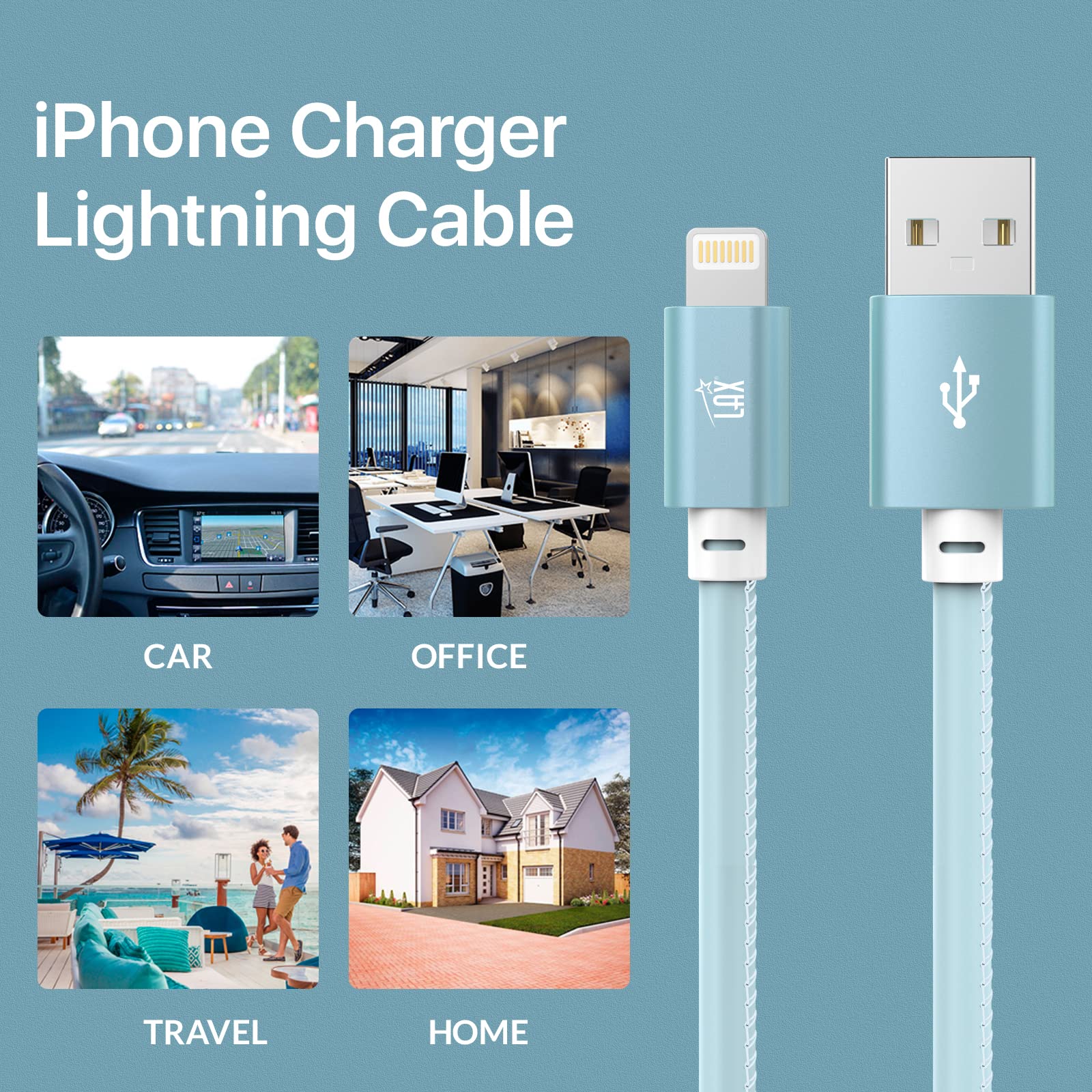 LAX USB A to Lightning Cable - Glow in The Dark Apple MFI Certified Fast Charging Cable for iPhone 14/13/12/11/X/8/7, iPad, iPod - 10ft Blue - Durable & Tangle-Free for Home, Office, Car Charging