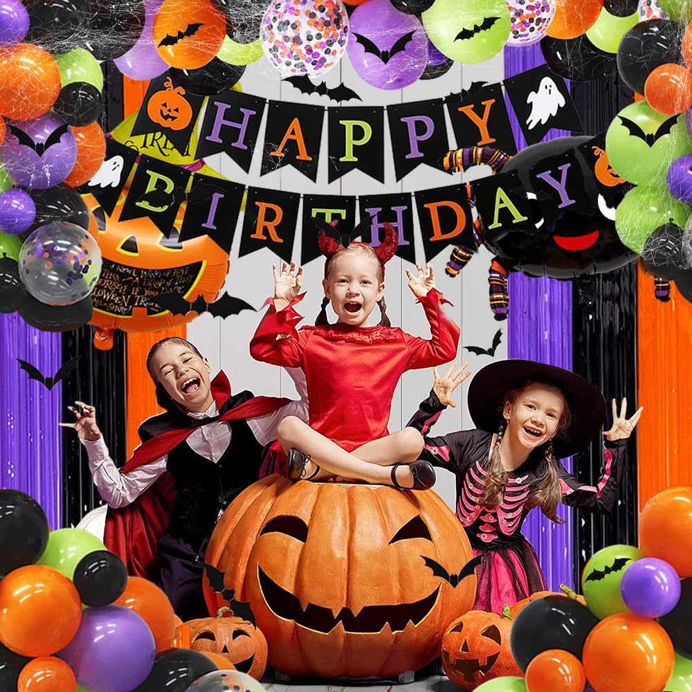 Halloween Birthday Party Decorations Set - Happy Birthday Halloween Banner, Balloons, Cake Topper & Fringe Curtain for Spooky Birthday Celebrations - Perfect for Halloween Themed Parties, Home Decor & Festive Gatherings