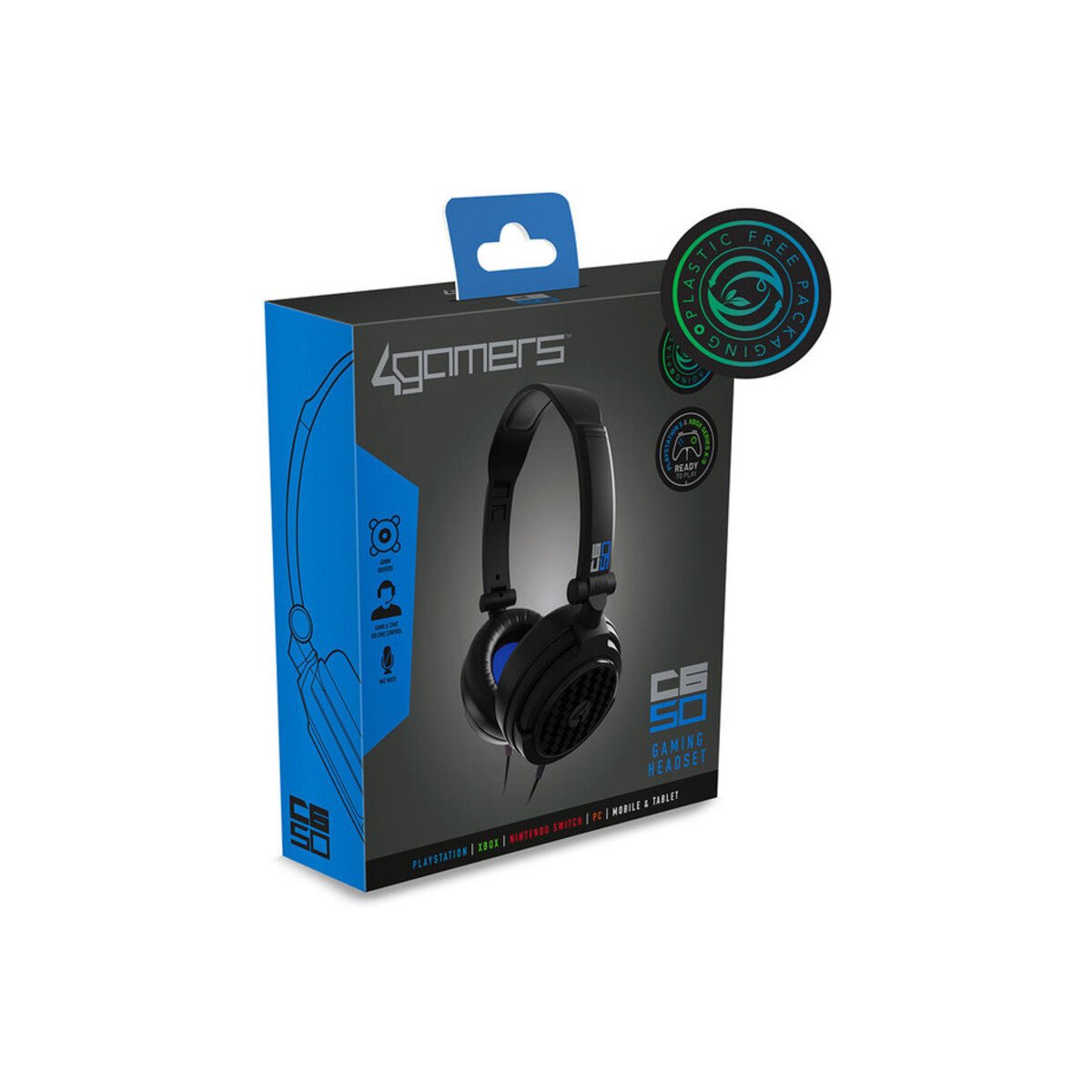 4Gamers C6 50 Gaming Wired Headset with Noise Cancelling Mic - Black/Blue - Perfect for PC, PS4, Xbox Gaming & Online Classes
