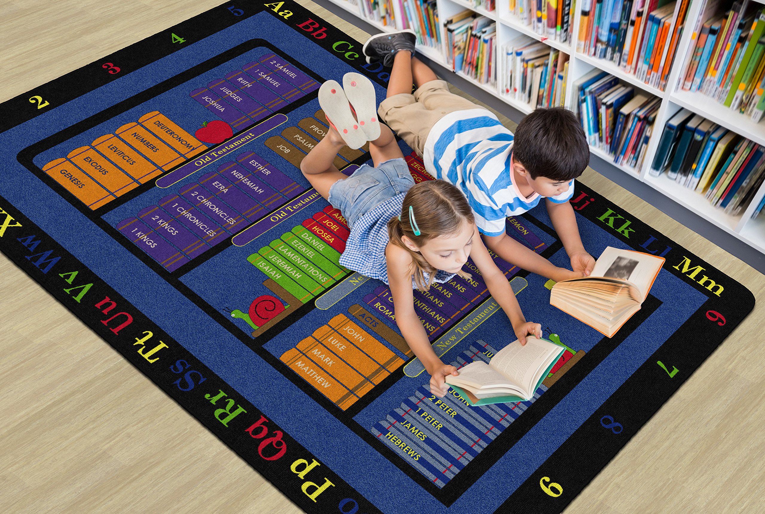 Flagship Carpets Bible Bookcase Educational Rug for Kids - 6' x 9' Rectangle Classroom, Office, Home & Playroom Mat - Non-Slip Nursery Carpet for Learning & Story Time