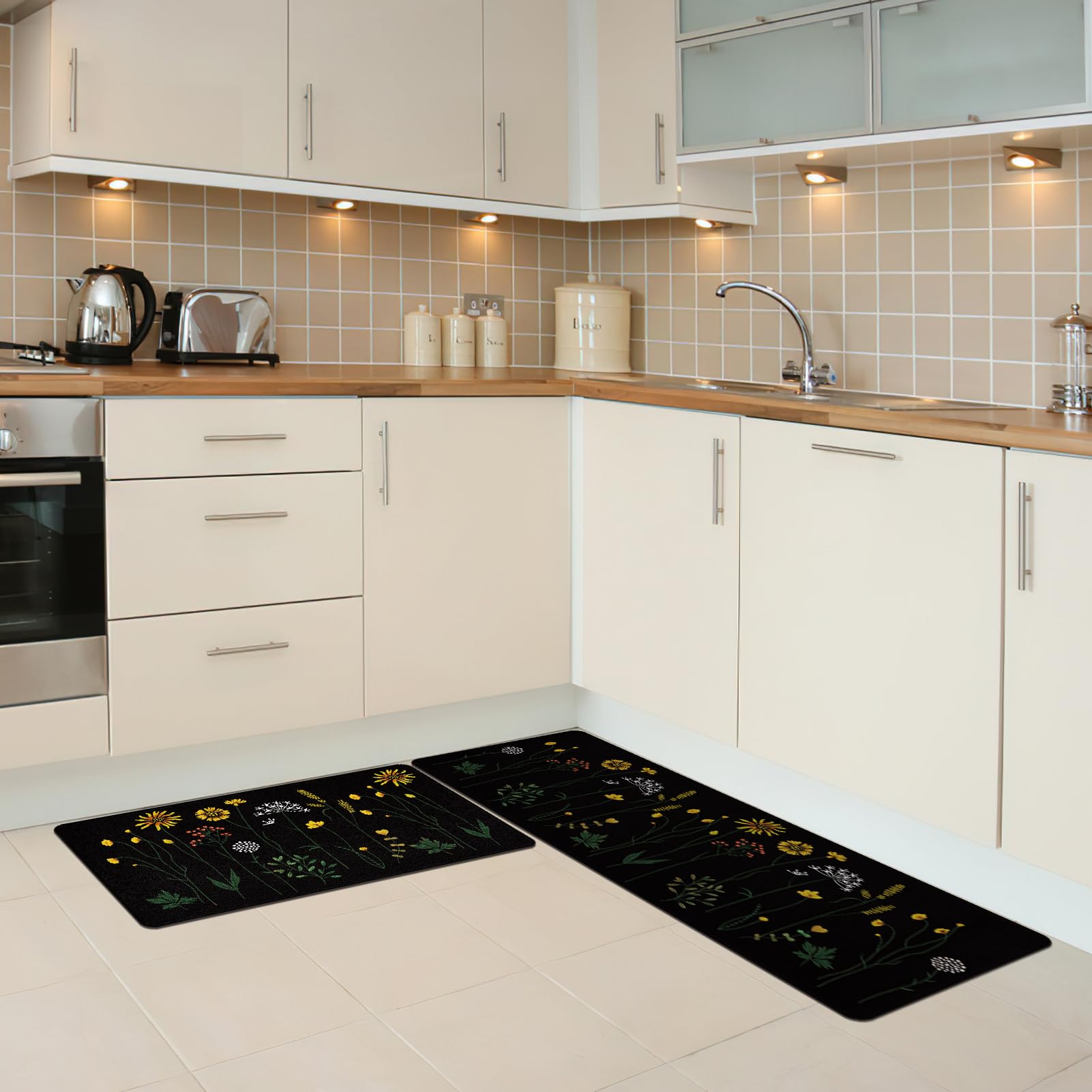Rempry Non-Slip Kitchen Mat Set - 2 PCS Floral Anti-Fatigue Rugs for Cooking & Cleaning