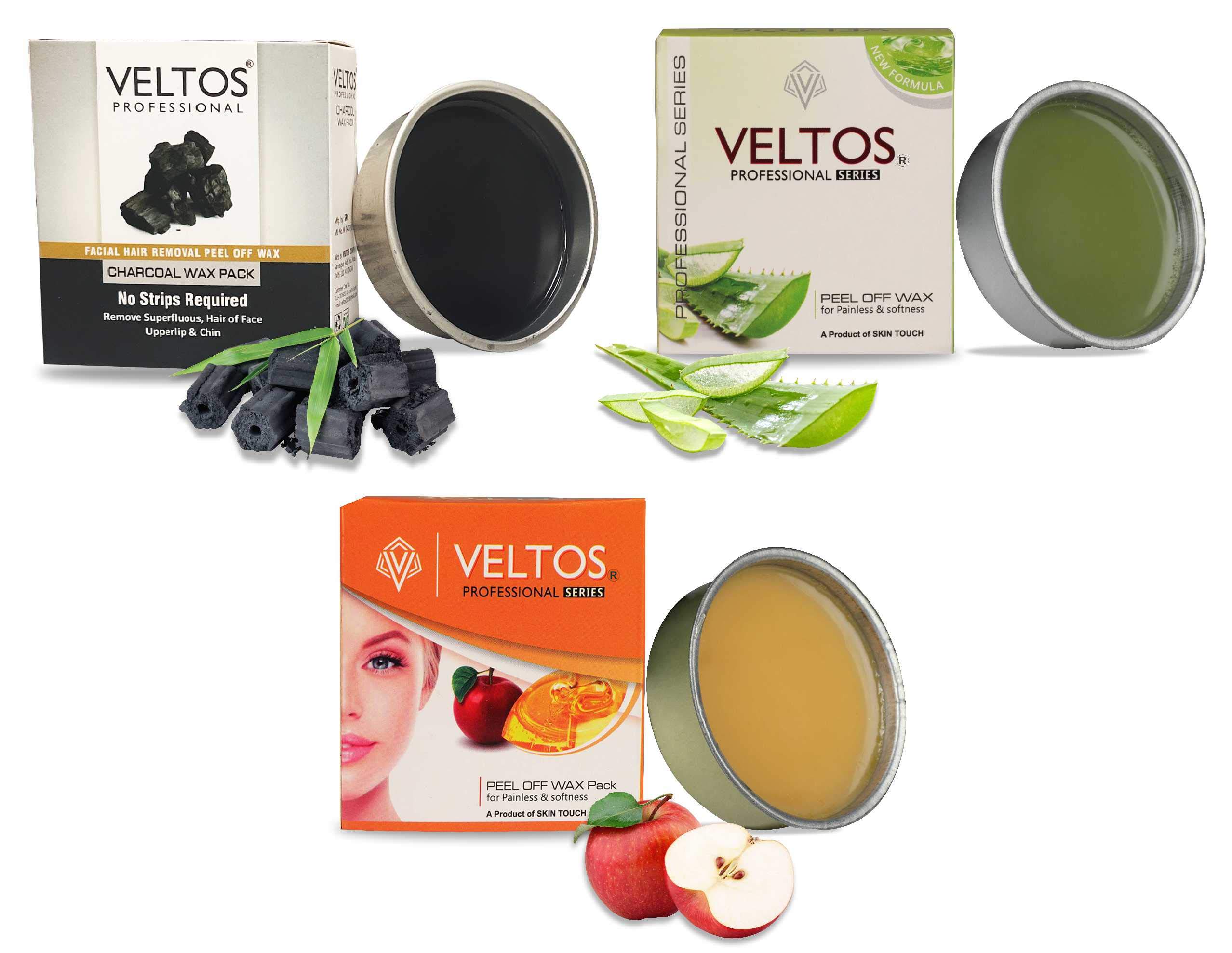 VELTOS PROFESSIONAL Peel-Off Wax Kit for Upper Lip, Facial Hair, Eyebrows & Chin - Charcoal, Aloe Vera & Apple Wax Combo (80g Each) | At-Home Hair Removal for Smooth Skin | Perfect for Salon-Quality Results & DIY Beauty Care