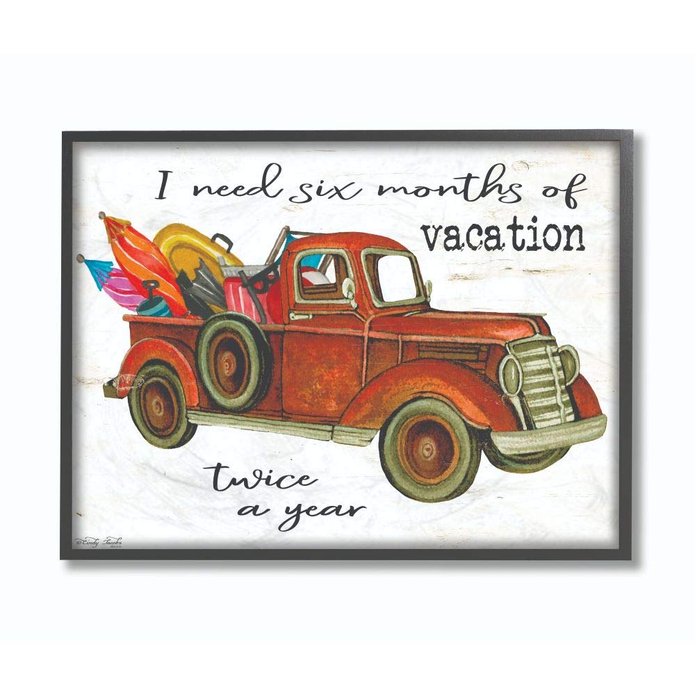 Stupell Industries 'Six Months of Vacation Twice A Year' Red Truck Framed Wall Art - 24x30 Inches, Multi-Color Canvas Print for Living Room, Bedroom & Office Decor