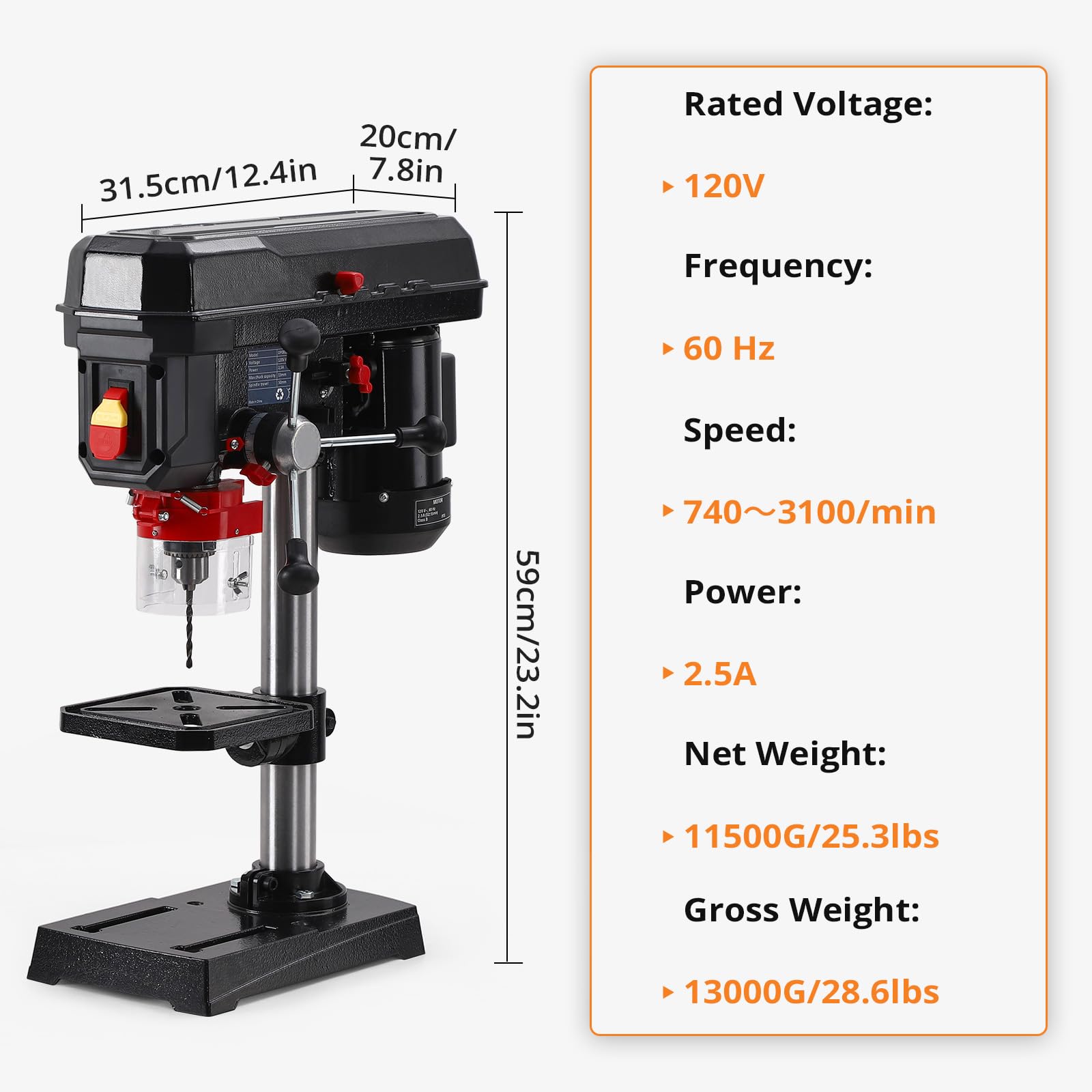 8 Inch Benchtop Drill Press - 2.5Amp 5-Speed Adjustable Drill Machine with 0-45° Tilting Table | Perfect for Woodworking, Metal Drilling & DIY Projects