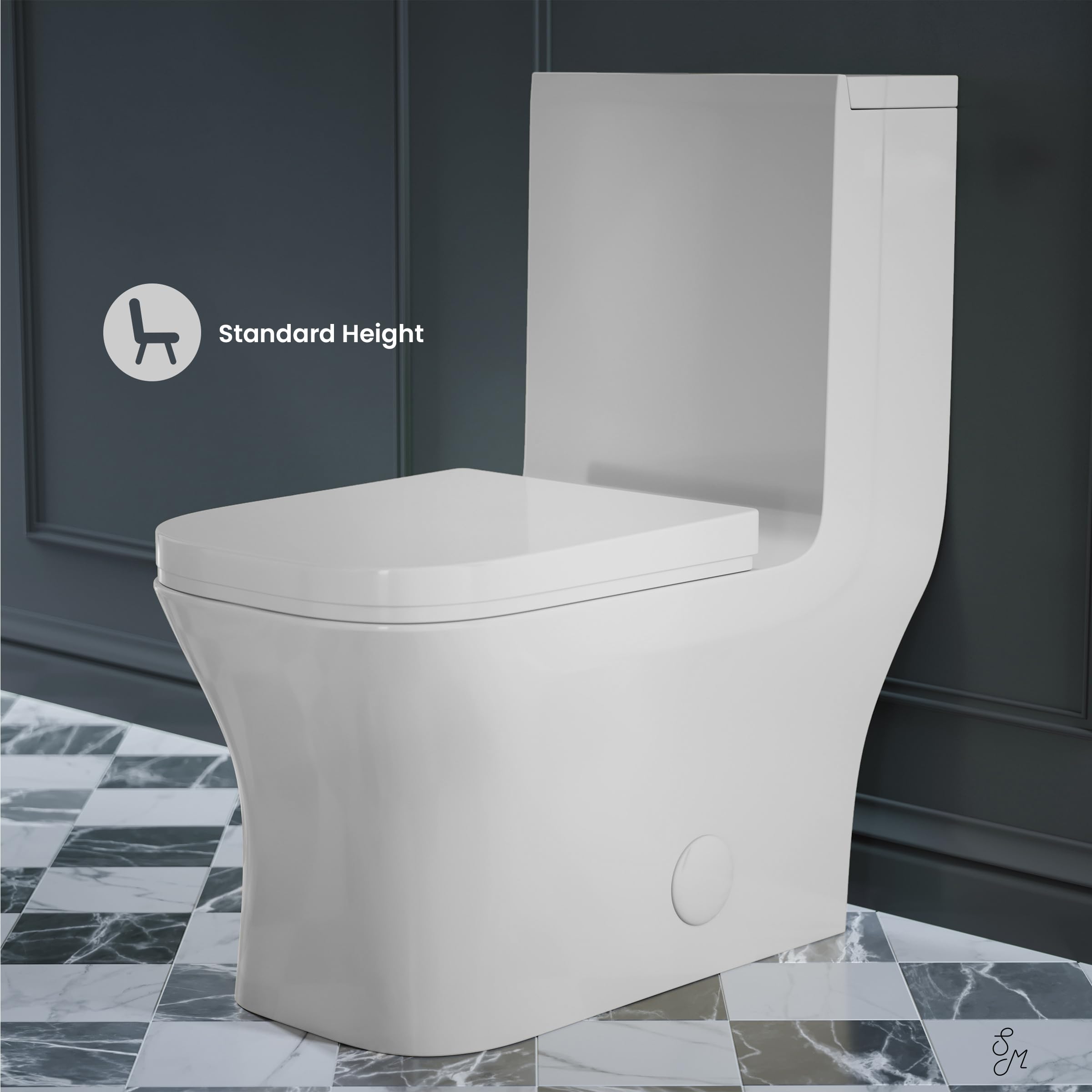 Concorde One-Piece Square Toilet with Side Flush, 1.28 GPF Water Saving Design, Modern Black Hardware - Perfect for Small Bathrooms, Apartments & Contemporary Homes