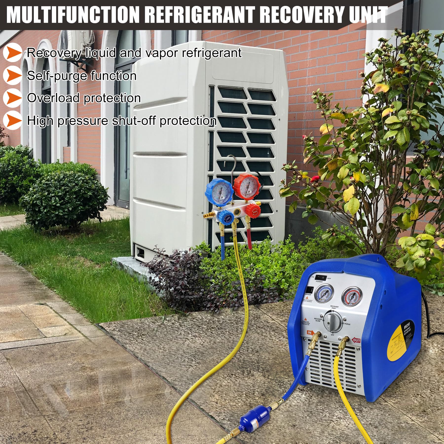 JIFETOR Portable AC Refrigerant Recovery Machine - 3/4HP Oil-Free Compressor for Recycling Liquid & Vapor Refrigerant | Automotive AC & HVAC System Maintenance Tool | Ideal for Car Repair Shops & Home HVAC Service