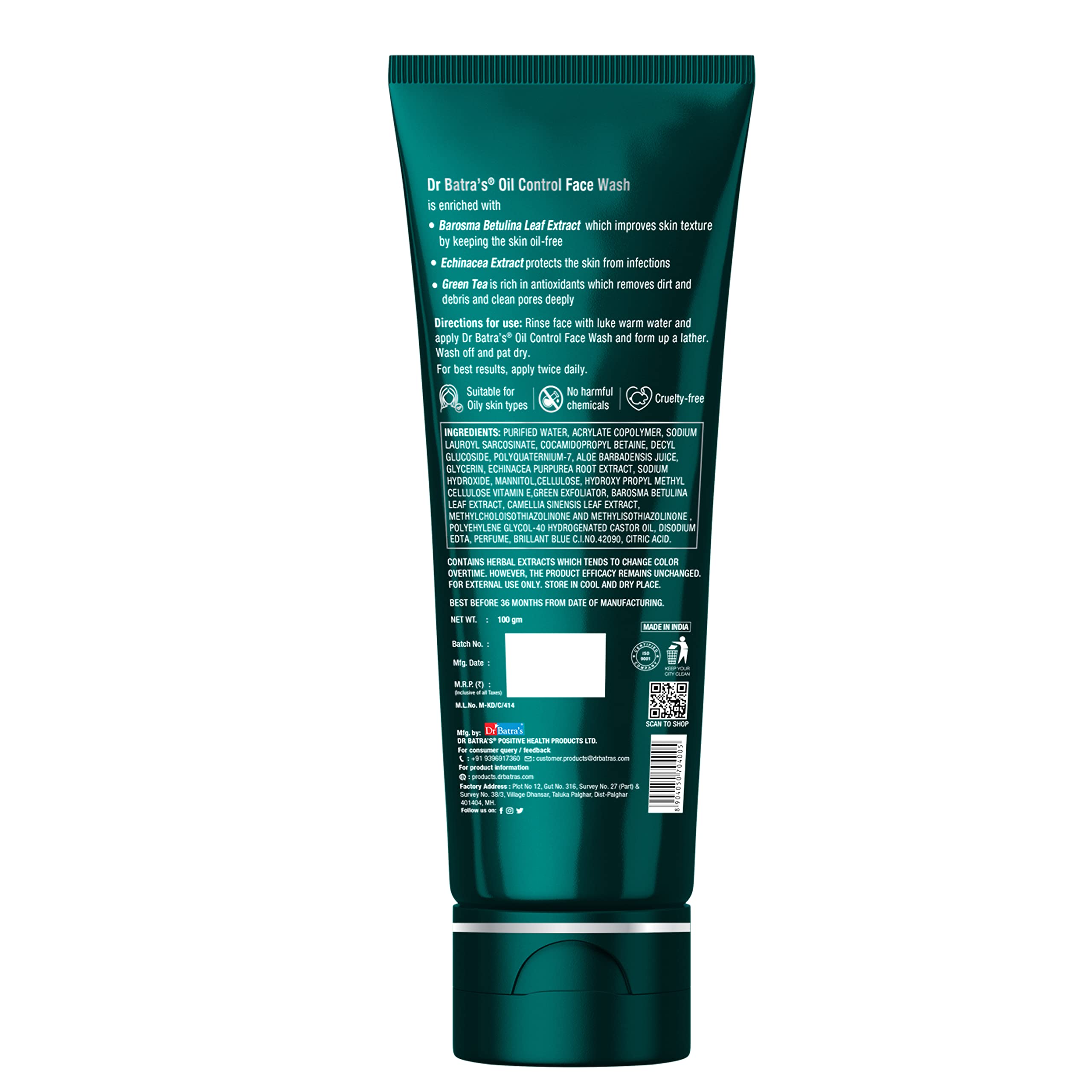 Dr. Batra's Oil Control Face Wash - Sulphate, Silicone & Soap Free with Barosma Betulina & Echinacea Extract for Oily & Clear Skin (100g, Pack of 2) | Gentle Daily Cleanser for Acne-Prone & Combination Skin