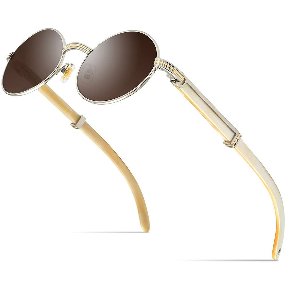 HEPIDEM 100% Genuine Buffalo Horn Handmade Round Sunglasses for Men - Luxury Polarized UV Protection Shades for Outdoor, Driving & Fashion