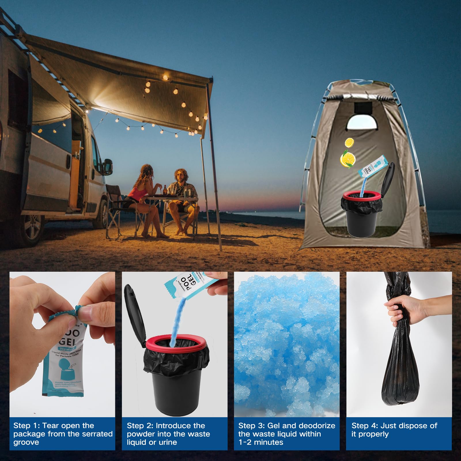 Best Portable Toilet Absorbent Gel & Powder - Odor Control for Camping, Hiking, RV & Outdoor Adventures | Fast-Acting Poo & Urine Deodorizer for Emergency & Travel Use
