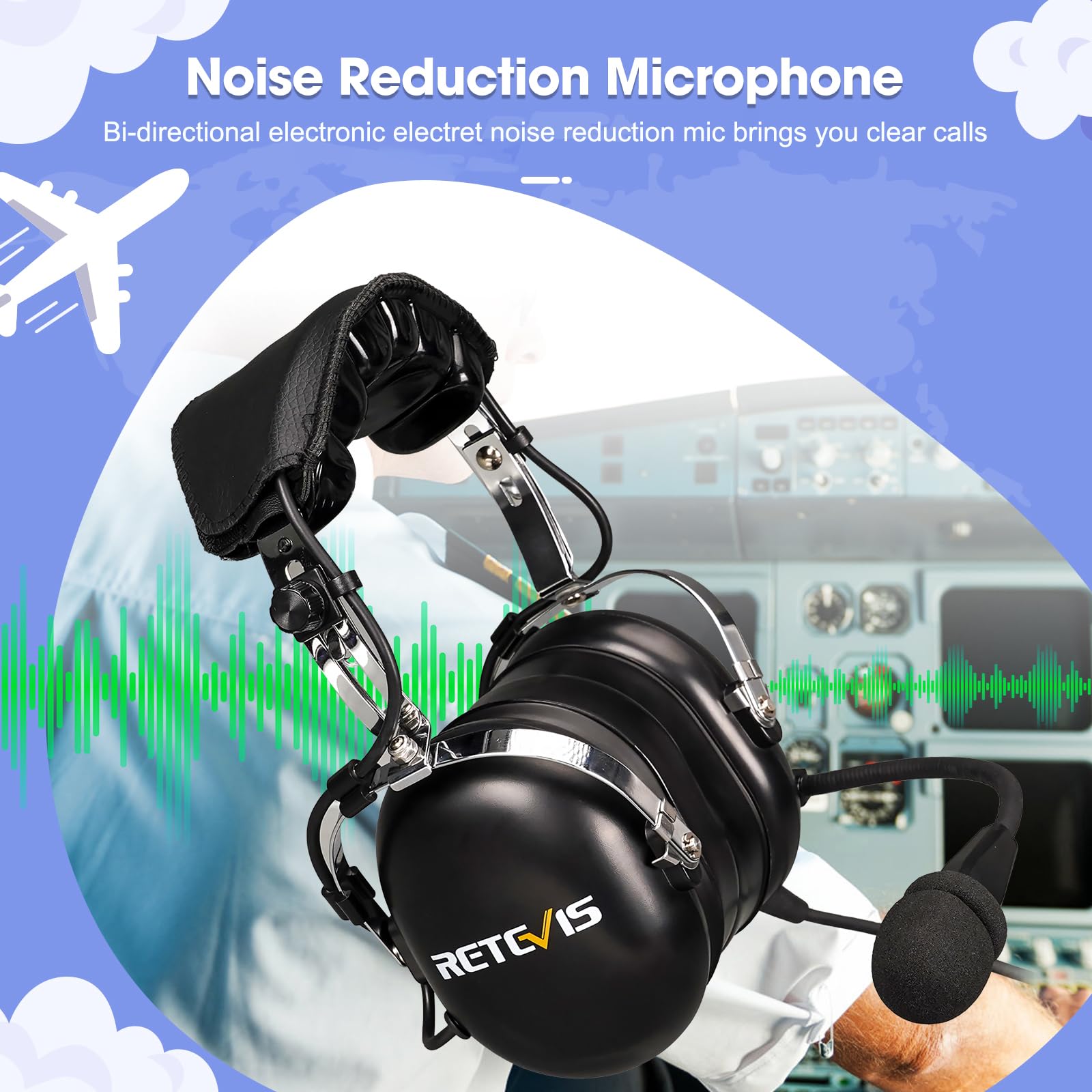 Retevis EHG001 Aviation Pilot Headset with Noise Reduction, Adjustable Headband & Gel Ear Seals - Mono/Stereo 3.5mm Jack - Includes Carrying Bag - Perfect for Student Pilots, Flight Training & Backseat Passengers (1 Pack) - Ideal for Flight Schools, Private Planes & General Aviation Use