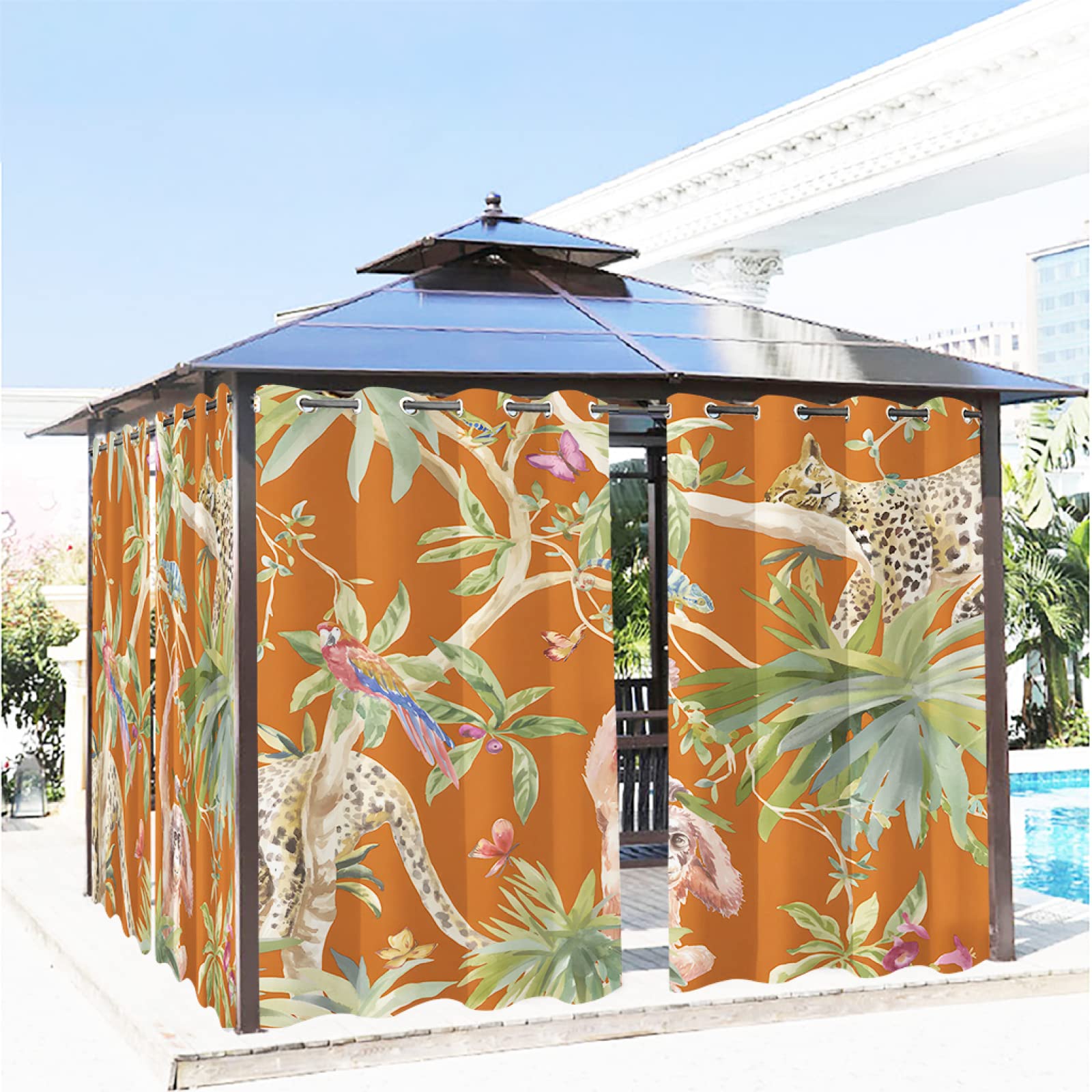 52W x 108L Orange Animal Print Gazebo Curtains - UV & Fade Resistant, Weatherproof Outdoor Curtain Panels for Pergola, Garden Room, Patio & Backyard Decor (Set of 2)