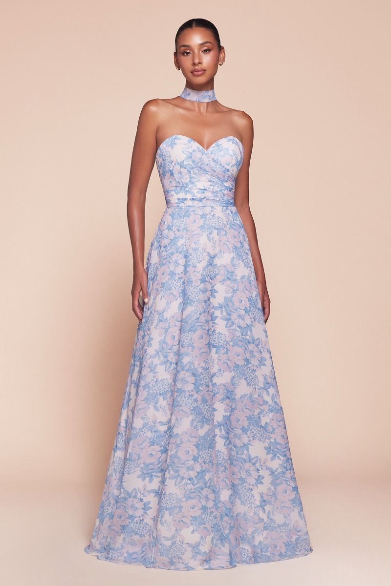 CASSIE GOWN - Blue Strapless A-Line Floral Chiffon Dress for Evening Party, Wedding Guest, Prom & Special Occasions
