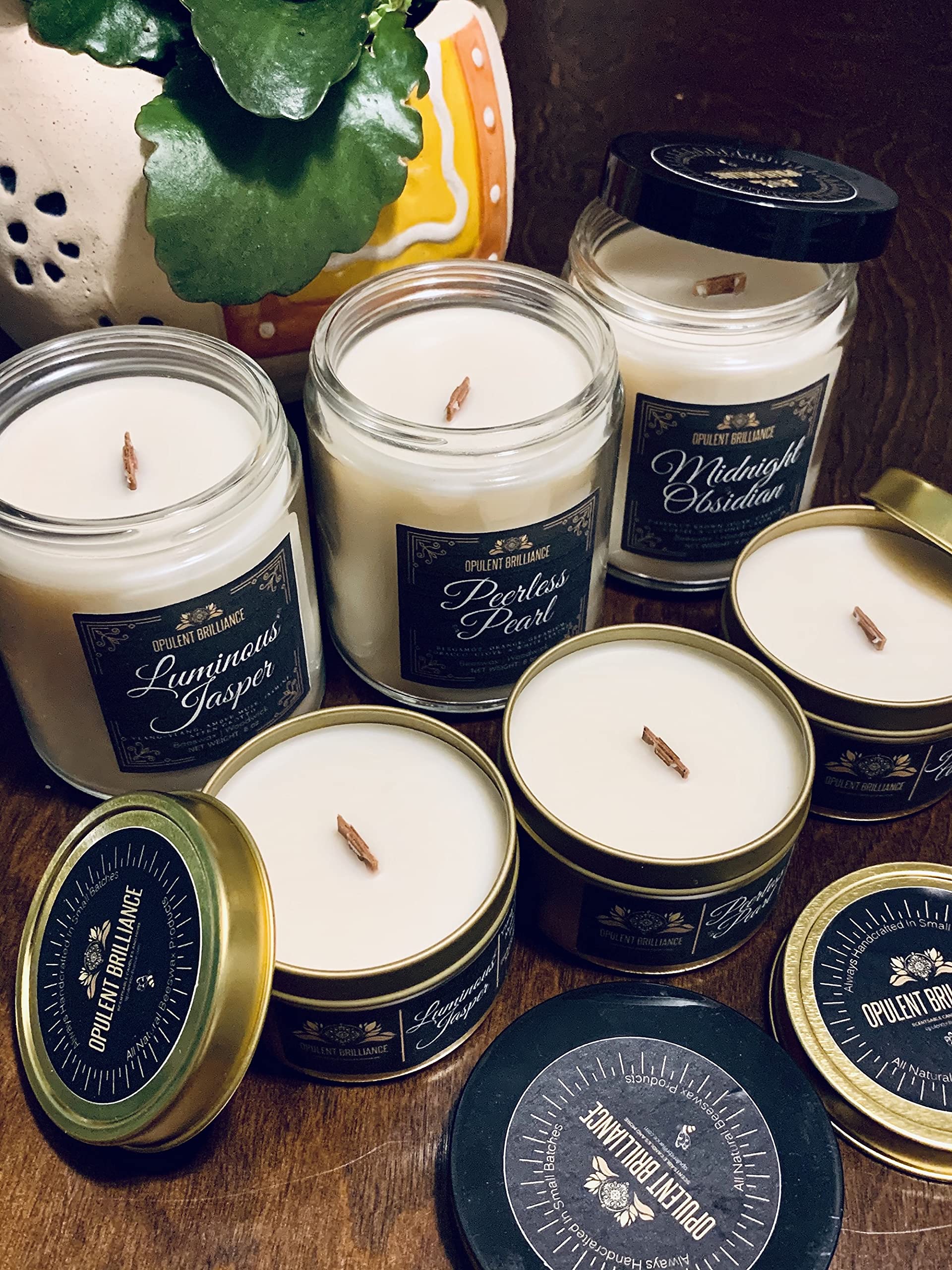 Organic Beeswax Woodwick Candle - Vanilla, Peach & Bergamot Scent | Gold Sheen Aromatherapy Candle | 4 oz Luxury Scented Candle for Home Relaxation, Spa & Romantic Ambiance