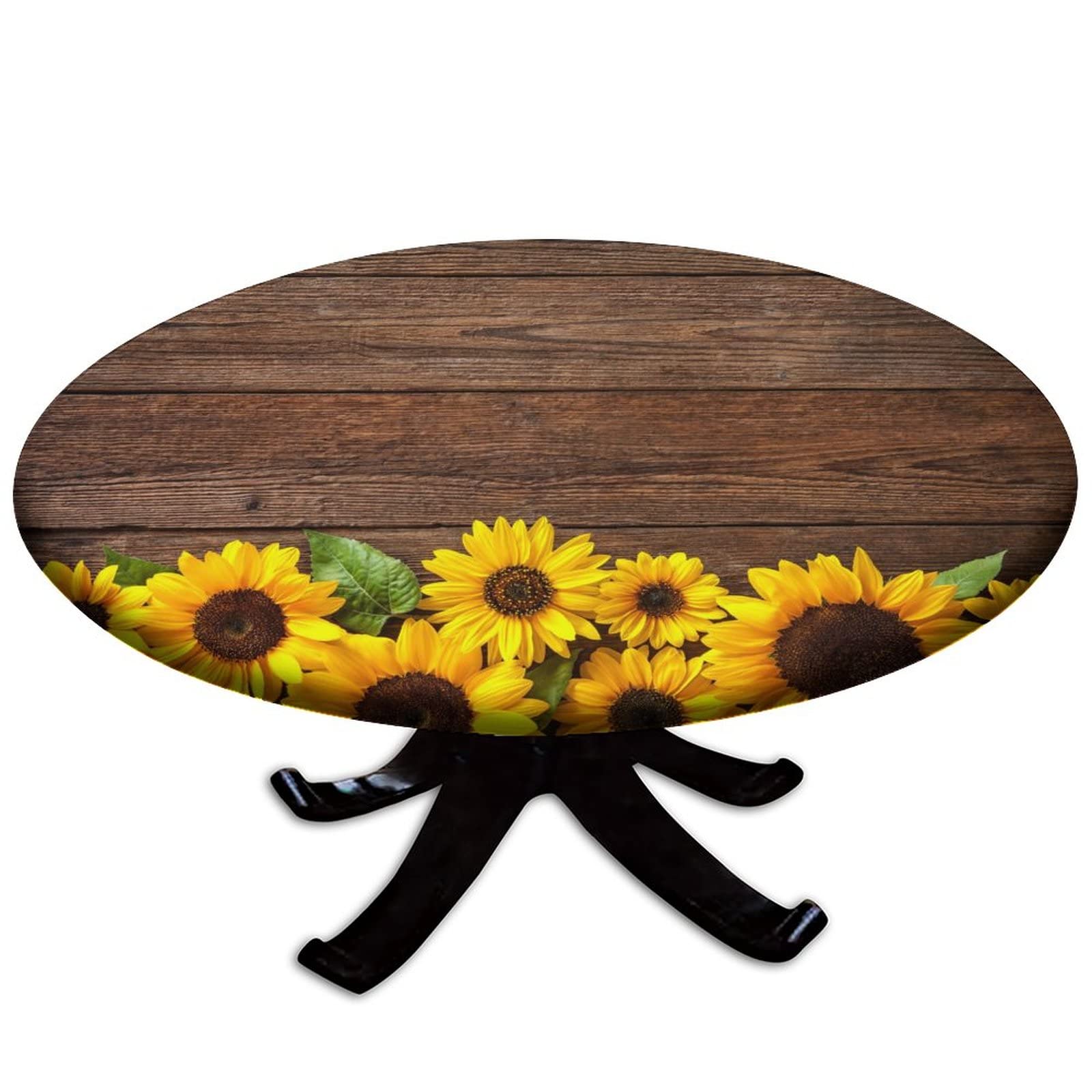 Sunflower 03 Elastic Edge Waterproof Round Tablecloth - Washable & Wipeable Fabric Table Cover for 52 Inch Tables - Perfect for Indoor/Outdoor Parties, Picnics, and Dining Decor (Brown Yellow)