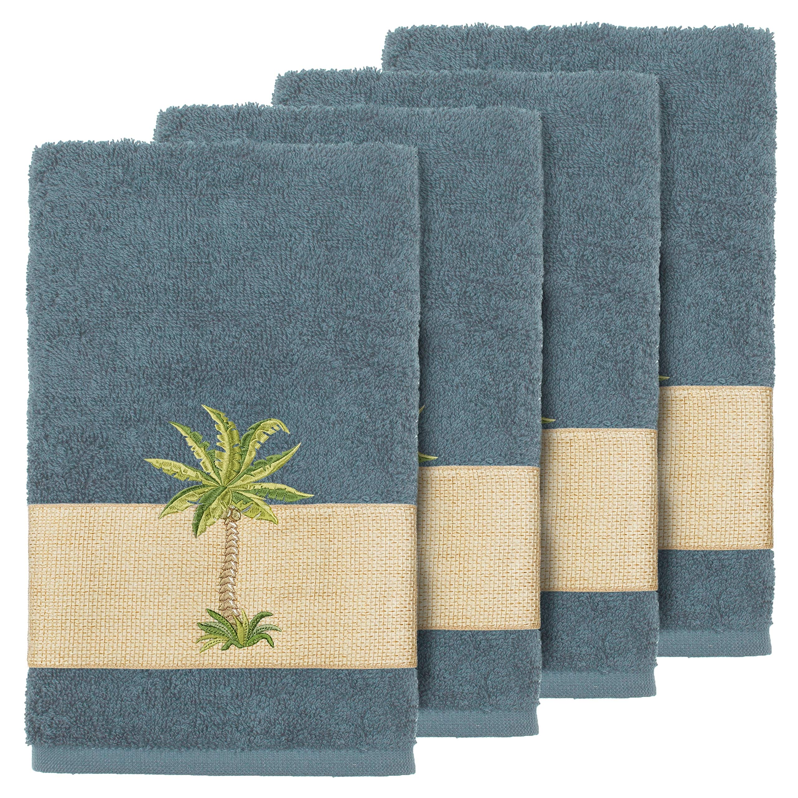 Premium Turkish Cotton Hand Towels Set of 4 - Soft & Absorbent Spa & Bath Towels with Elegant Palm Tree Embroidery in Teal - Perfect for Luxury Bathrooms, Guest Rooms & Coastal Home Decor