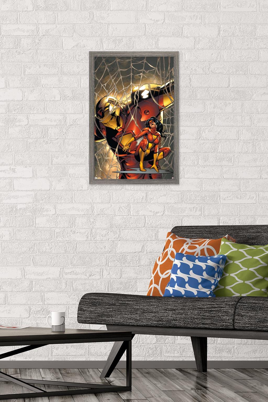Marvel Comics Spider Woman & Iron Man #10 Wall Poster - 22.4x14.7 Inch Barnwood Framed Superhero Decor | Perfect for Bedroom, Game Room & Marvel Fan Gifts