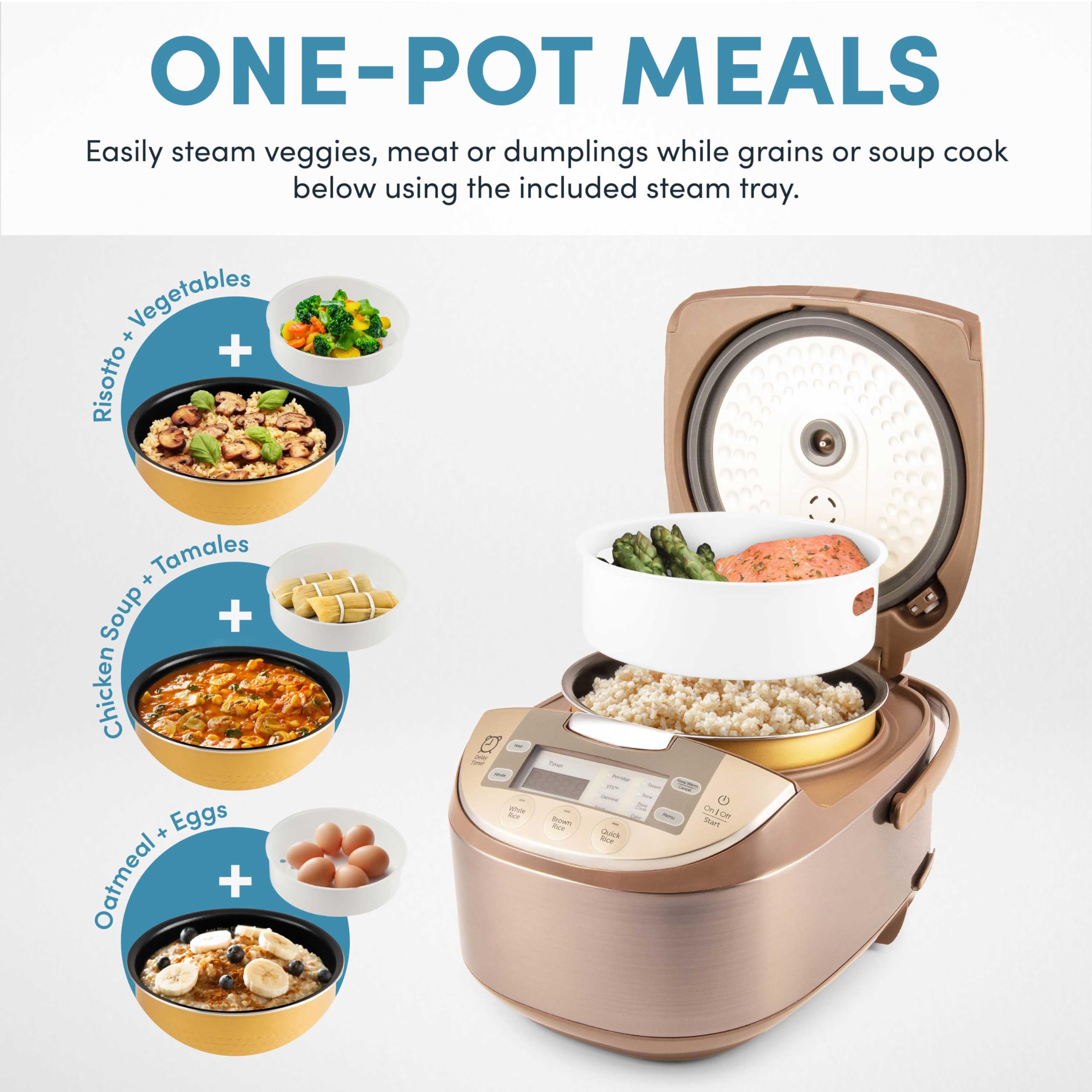Aroma Housewares ARC-6106 6-Cup Professional Rice Cooker & Slow Cooker with Steamer - Multi-Functional Digital Pot for Rice, Soup & Meal Prep - Perfect for Dorms, Offices & Small Kitchens (Champagne)