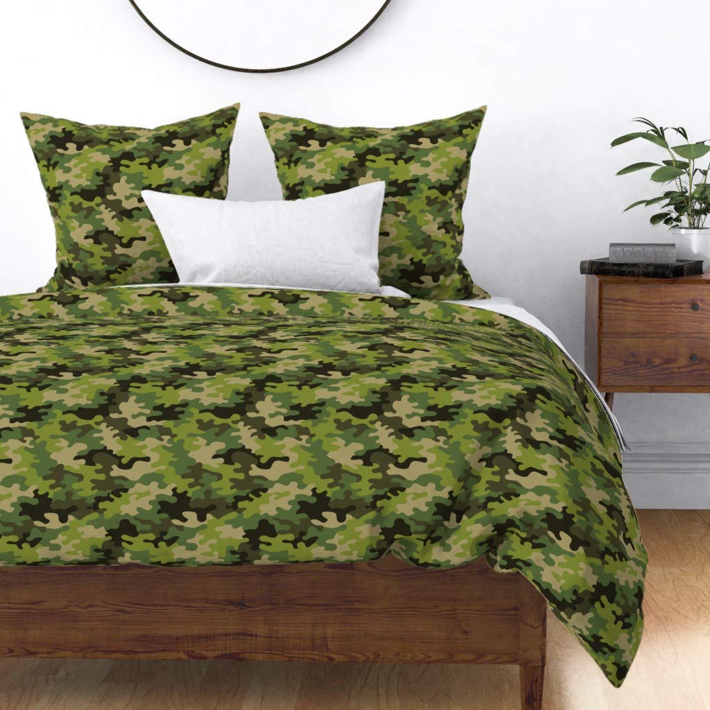 Premium Camo Green Cotton Sateen Duvet Cover King/California King - Woodland Army Print Custom Bedding Set for Military & Outdoor Enthusiasts - Perfect for Hunting Cabins, Dorm Rooms & Adventure-Themed Bedrooms