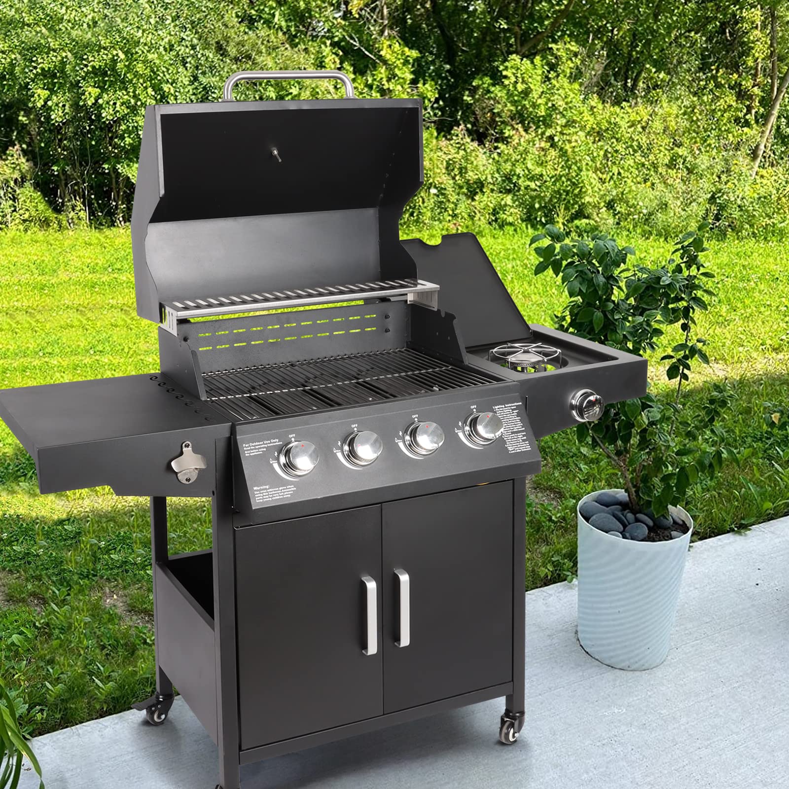**4-Burner Propane Gas Grill with Side Burner - Freestanding Outdoor BBQ Grill Cart with Wheels for Backyard, Garden, and Patio Cooking - Black**
