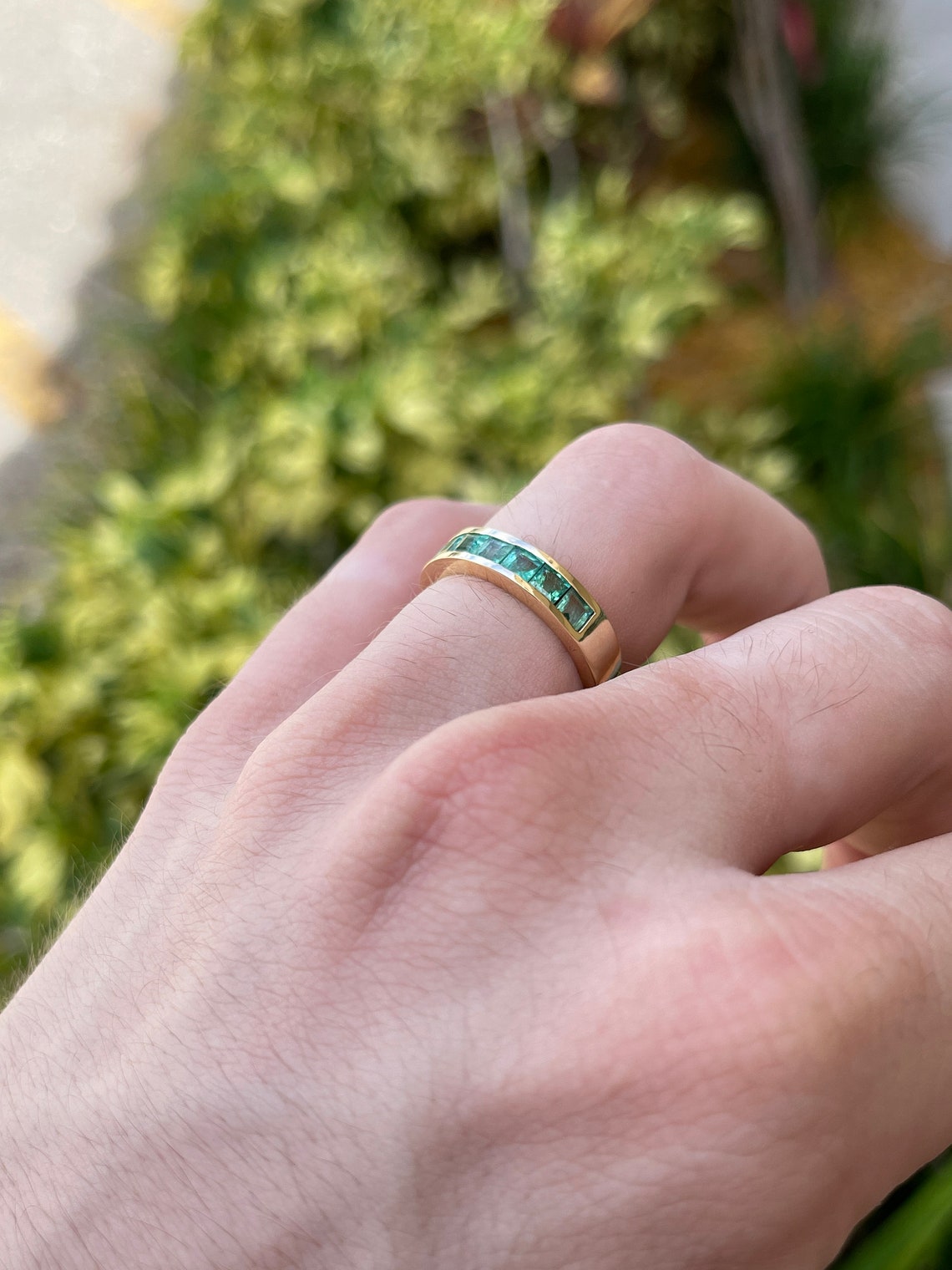 14K Gold Men's Emerald Princess Cut Wedding Band Ring - 1.40tcw Genuine Spring Green Gemstone for Engagement, Anniversary & Special Occasions