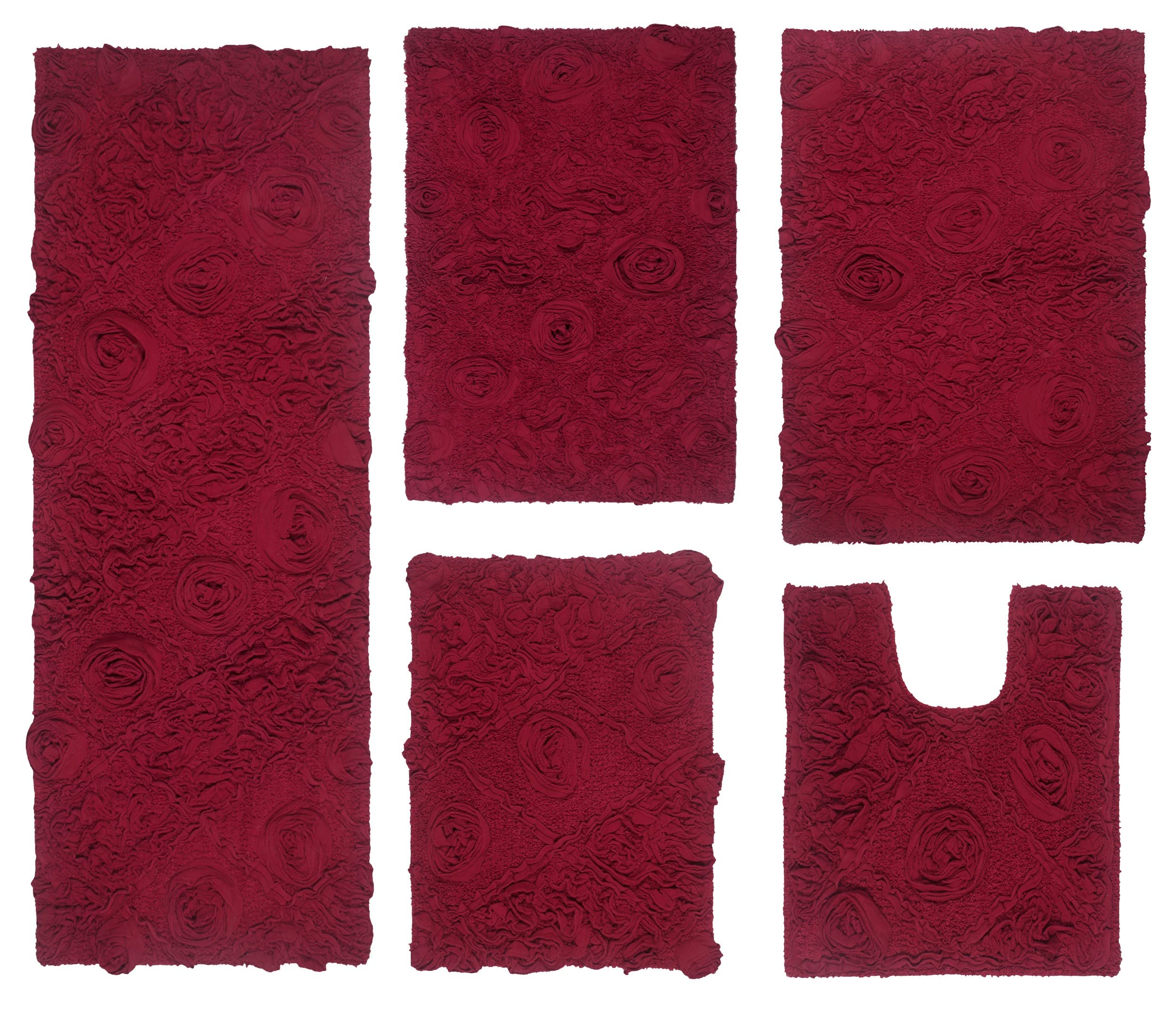 Premium 5-Piece Cotton Bath Rug Set - Ultra Soft, Absorbent & Non-Slip Bathroom Mats for Shower, Tub & Kitchen - Machine Washable Contour Design in Red - Home Weavers Modesto Collection - Perfect for Bathroom Safety & Comfort