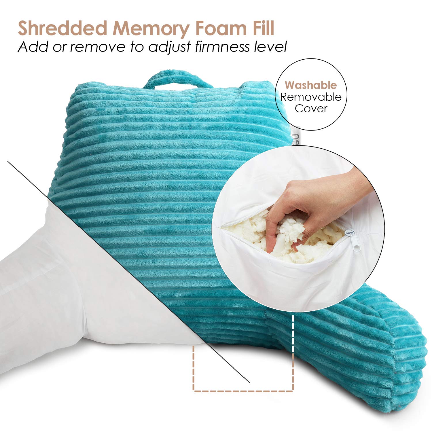 Nestl Reading Pillow for Adults - Plush Back Support Pillow with Shredded Memory Foam, Armrests & Storage Pockets - Perfect for Reading, Watching TV, or Relaxing in Bed (Teal)