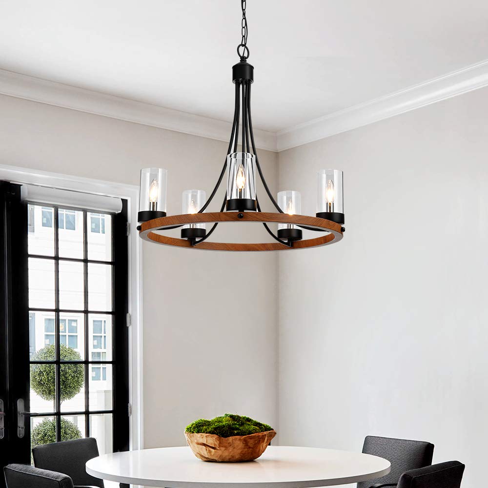 Maxax 5-Light Rustic Farmhouse Wagon Wheel Chandelier - Adjustable Wooden Ceiling Light with Clear Glass Shades, E12 Base - Perfect for Kitchen Island, Dining Room & Living Room Lighting Decor