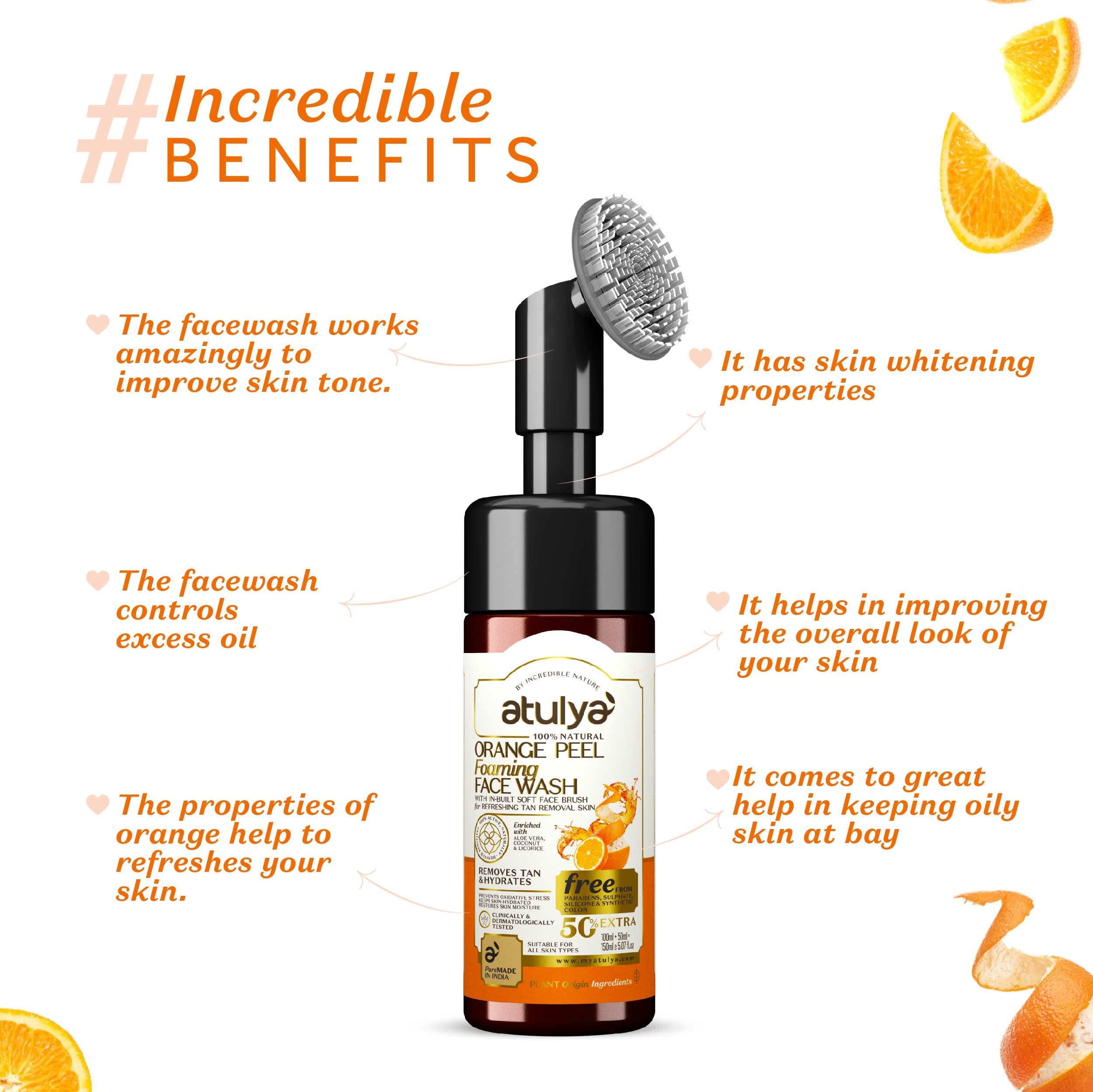 Atulya Orange Peel Foaming Face Wash with Built-In Soft Face Brush - Gentle Exfoliating Cleanser for Acne & Blackheads - Perfect for Daily Skincare Routine