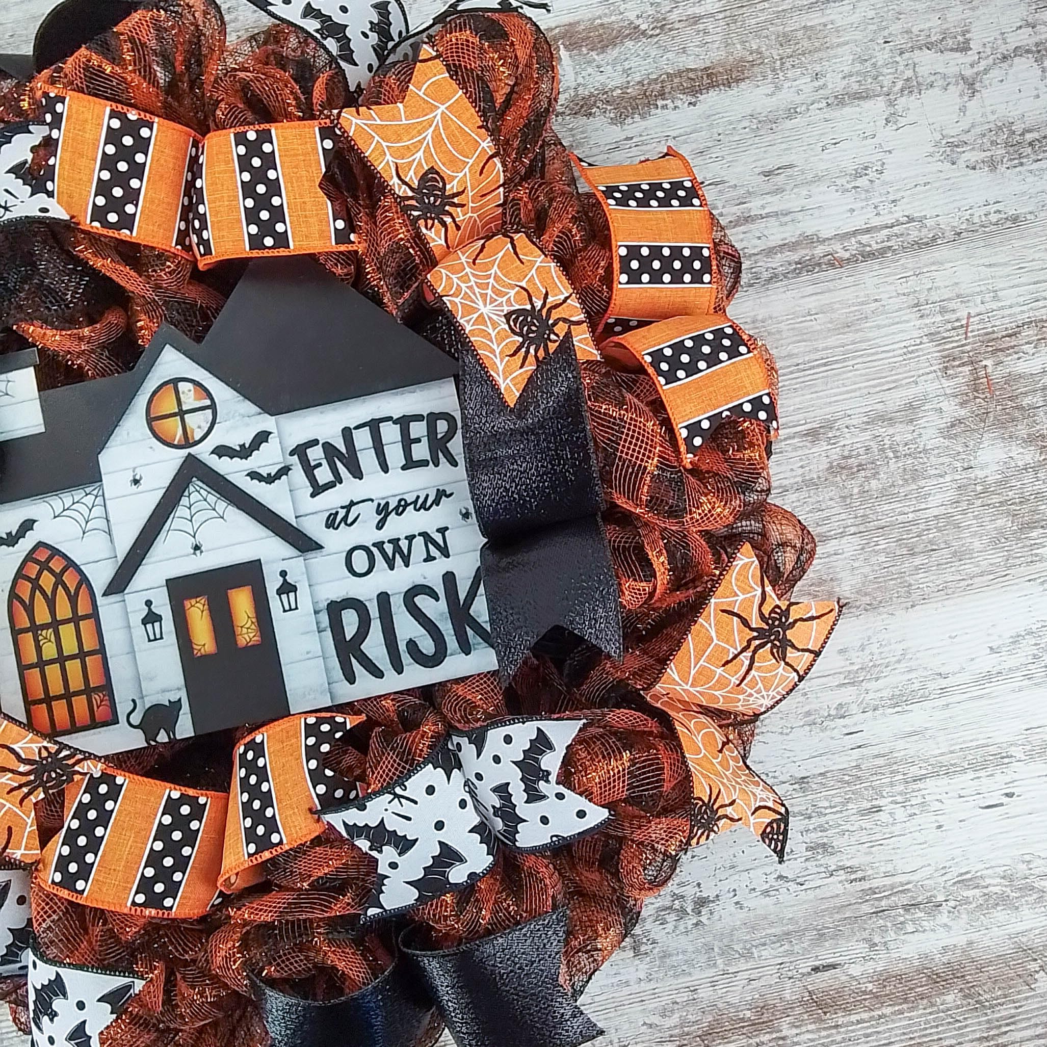Spooky Halloween Wreath - Haunted House Door Decor with Orange Black White Stripes - Perfect for Front Door, Porch & Party Decorations