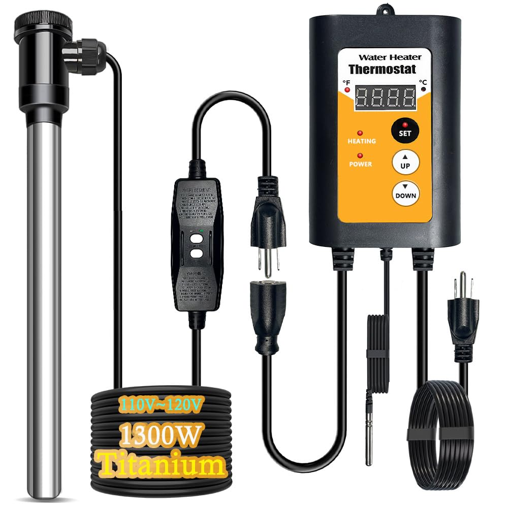 1300W Portable Submersible Titanium Water Heater with GFCI Plug - Adjustable Thermostat for Bathtub, Bucket, Spa & Small Pools - Perfect for Inflatable Hot Tubs, Camping & Emergency Heating