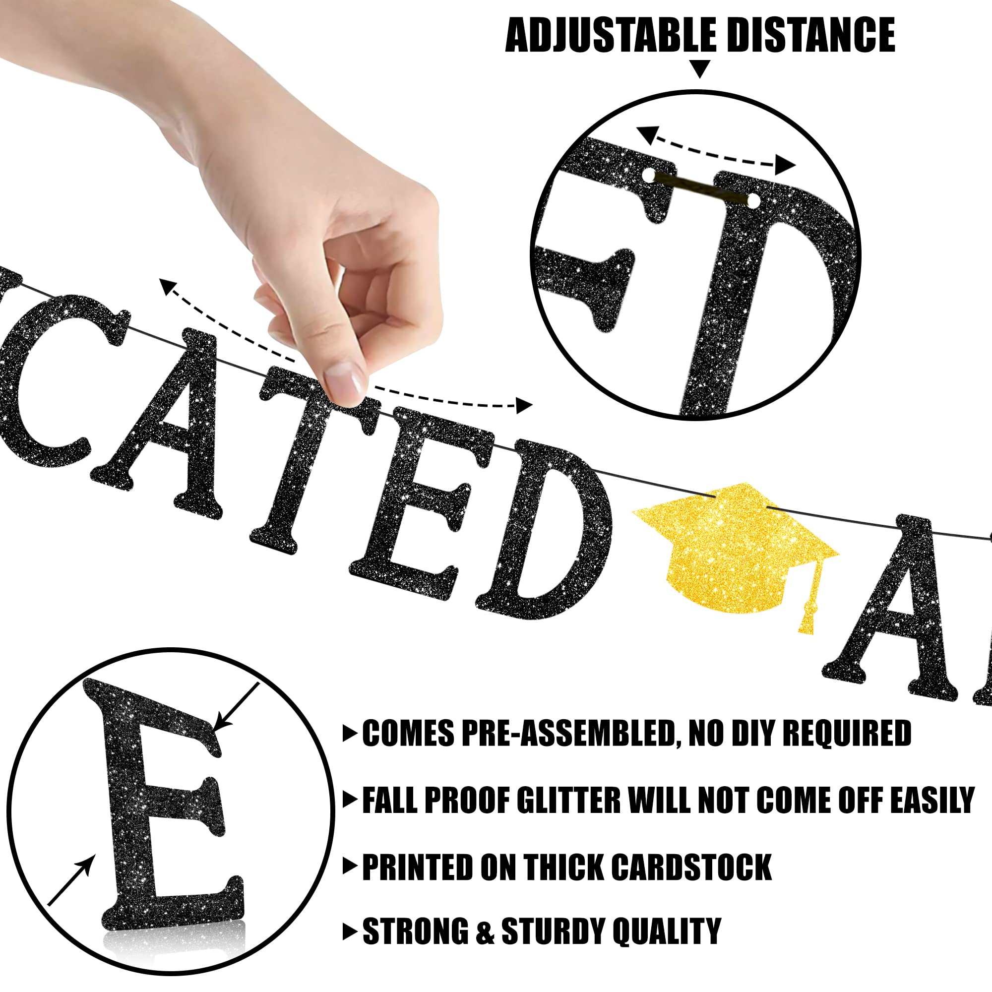 KatchOn Glitter Black 'Educated AF' Graduation Banner - 10ft Ready-to-Hang | Class of 2025 Graduation Party Decor | Funny Graduation Sign for High School & College Celebrations | Perfect for Graduation Photos, Wall Decor & Party Backdrops