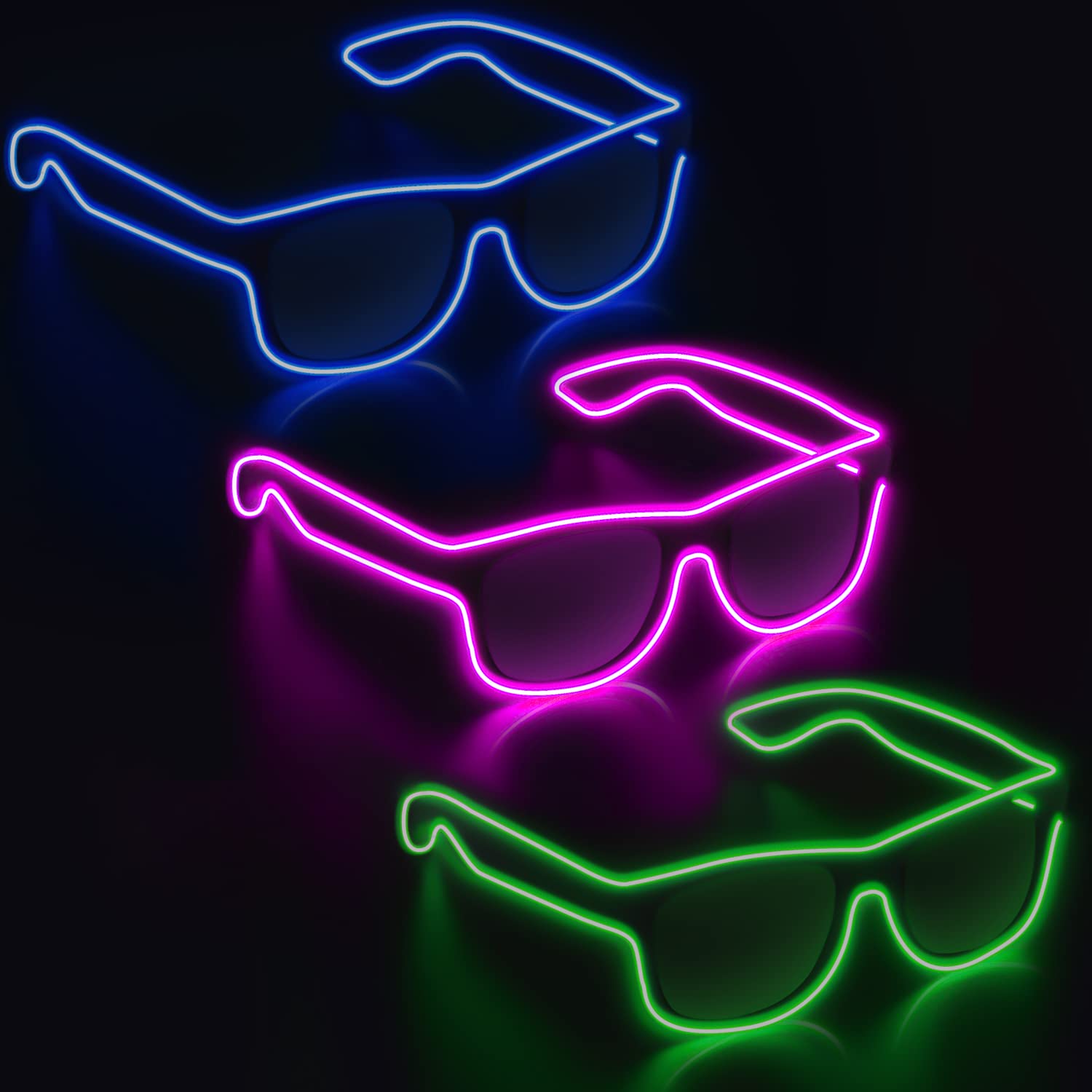 YouRfocus Wireless LED Light Up Glasses 3 Pack - Glow in The Dark Neon Rave Glasses for EDM Parties, Concerts, Festivals & Nightclubs - Perfect for Halloween, Raves, DJ Events & Glow Parties
