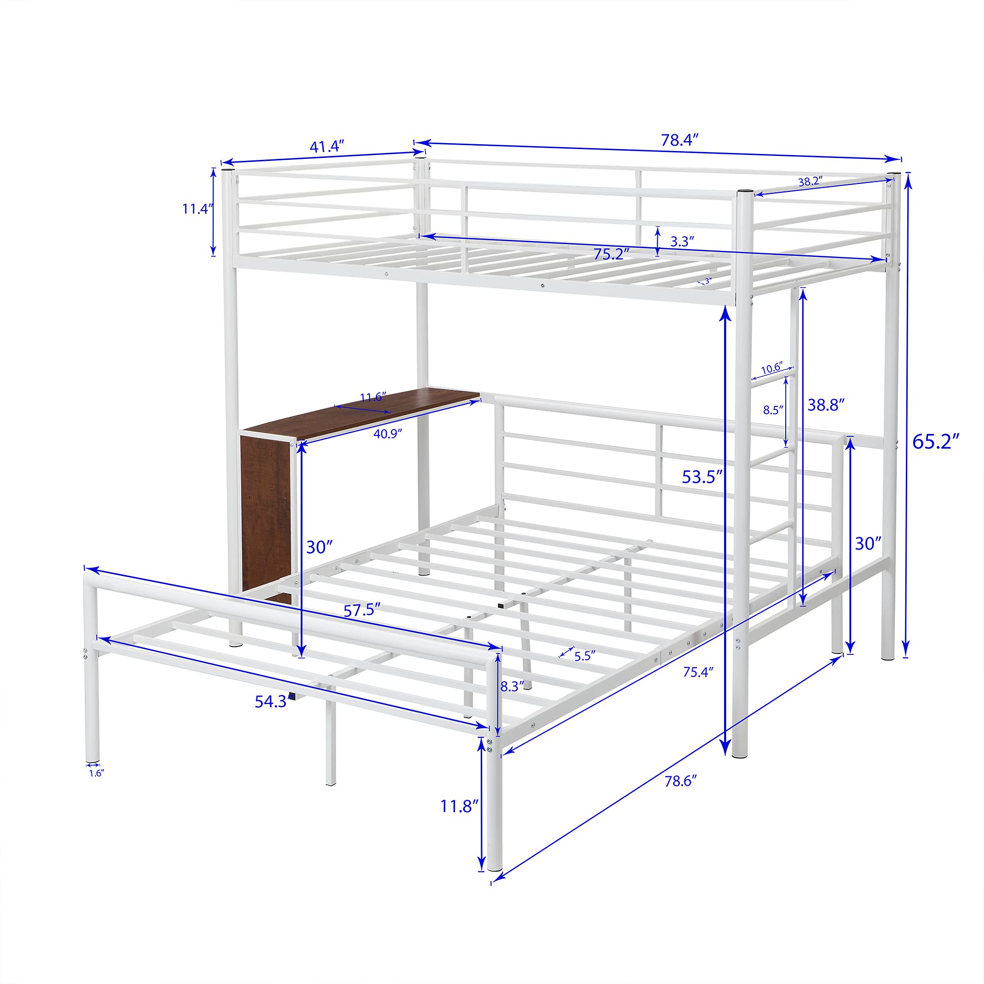 **Metal Twin Over Full Bunk Bed with Built-in Desk & Guardrail - Space-Saving Loft Bed with Flat Steps Ladder, White - Perfect for Kids' Rooms, Dorms & Small Apartments**