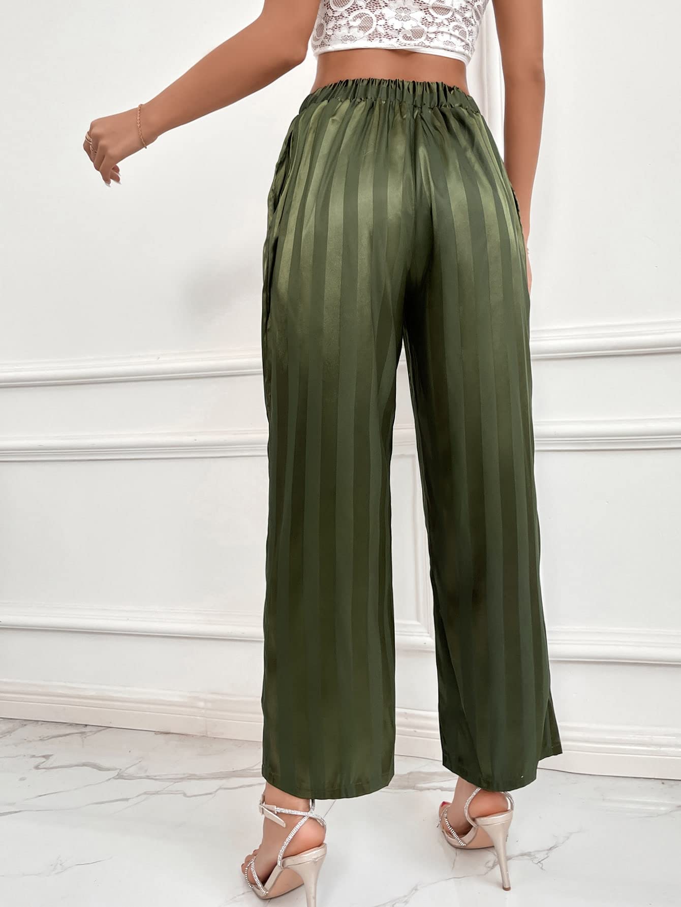 WDIRARA Women's High Waist Wide Leg Pants - Elastic Waistband, Striped Satin Lounge Pants for Casual Wear, Work, Travel & Home Comfort