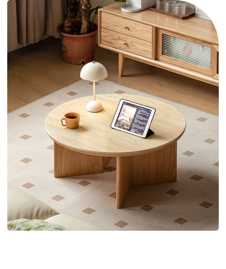 Solid Oak Wood Travertine Coffee Table - Rustic Modern Living Room Furniture for Home Decor & Lounge Use