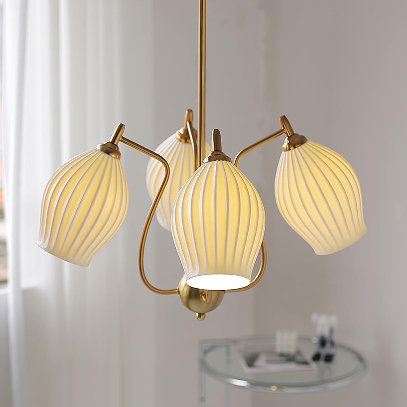 Elegant Ceramic Ribbed Chandelier - Modern Handcrafted Pendant Light Fixture for Dining Room, Living Room & Bedroom Decor