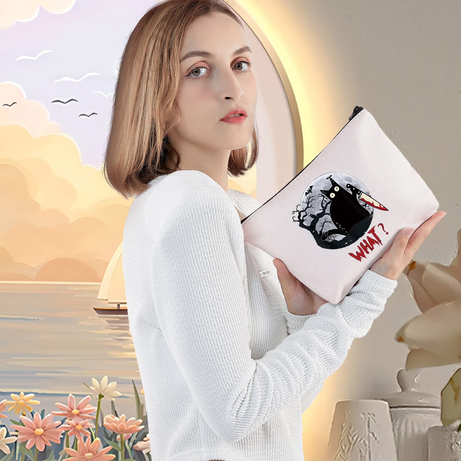 LEVLO Murderous Cat With Knife Cosmetic Makeup Bag - Cute & Spooky Zipper Pouch for Cosmetics & Travel - Perfect Halloween Gift & Unique Makeup Organizer (Great for Halloween Parties, Cosplay & Everyday Use)