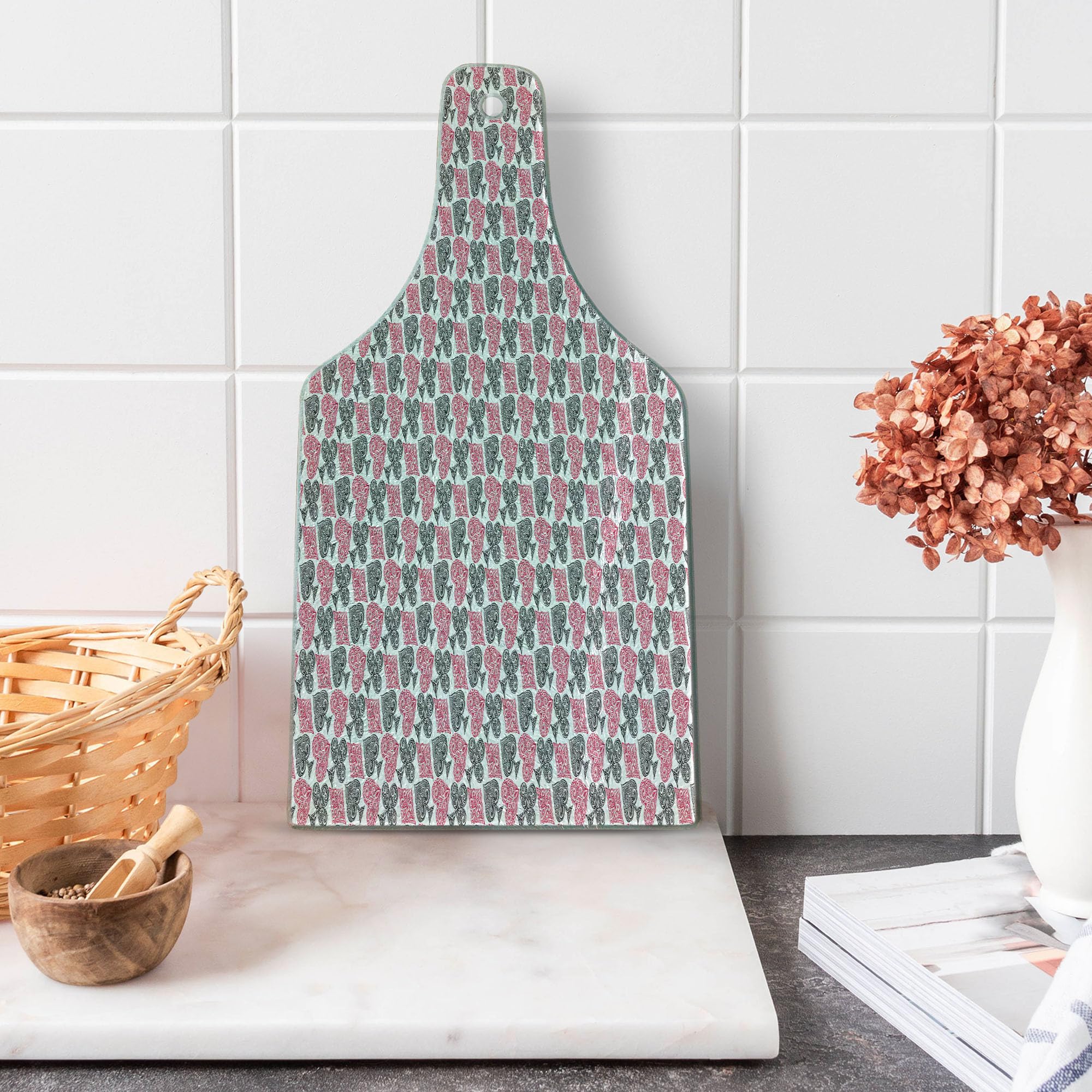 Lunarable Poker-Themed Tempered Glass Cutting Board - Hand-Drawn Playing Card Suits Design, Decorative Serving Board in Wine Bottle Shape (Hot Pink, Charcoal Grey, White) - Perfect for Game Nights, Cocktail Parties & Kitchen Decor