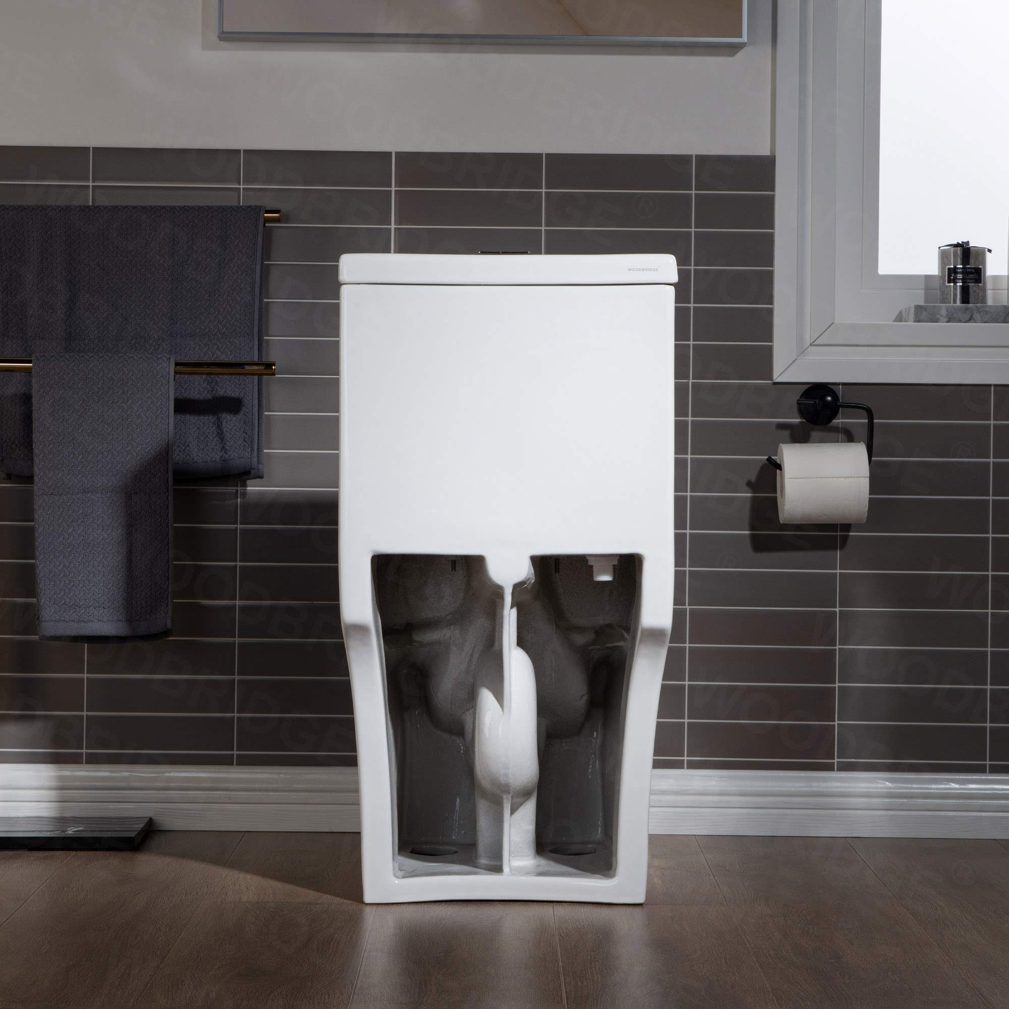 WOODBRIDGE Compact Dual Flush 1.28 GP One Piece Toilet with Soft Closing Seat - 1000 Gram MaP Flushing Score - Small Bathroom Toilet with Brushed Gold Button (B0500-BG, White) - Perfect for Tiny Bathrooms, Powder Rooms & Space-Saving Home Renovations