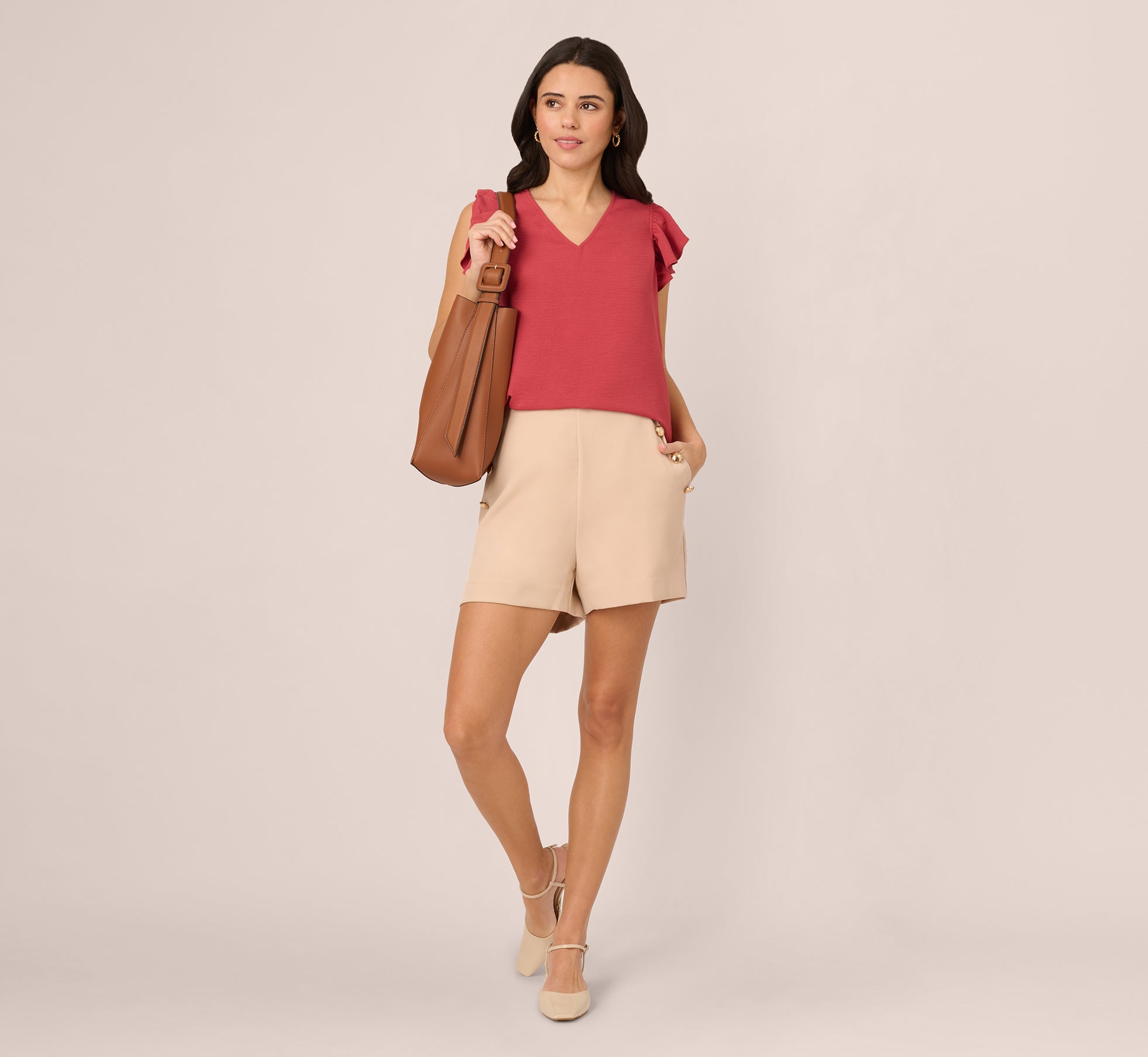 Elegant Ruffle Sleeve V-Neck Satin Blouse in Rose Pink - Perfect for Date Night, Cocktail Parties & Special Occasions