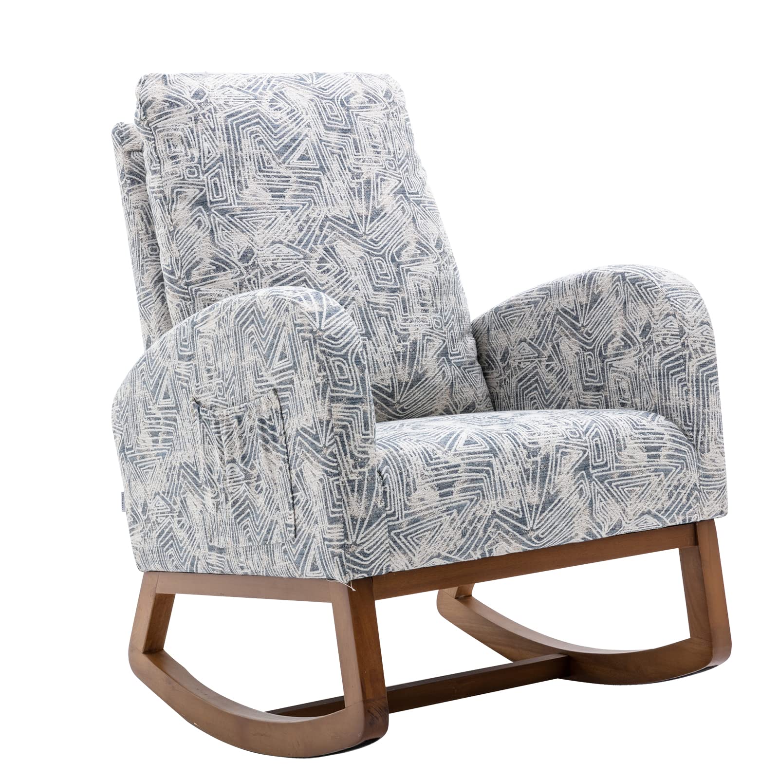 SSLine Upholstered Rocking Chair - Modern Mid-Century Comfortable Nursery Glider Rocker with Geometry Blue Fabric | Perfect for Living Room, Bedroom, Nursery & Office Relaxation | Ergonomic Lounge Chair for Nursing Mothers & Stress Relief