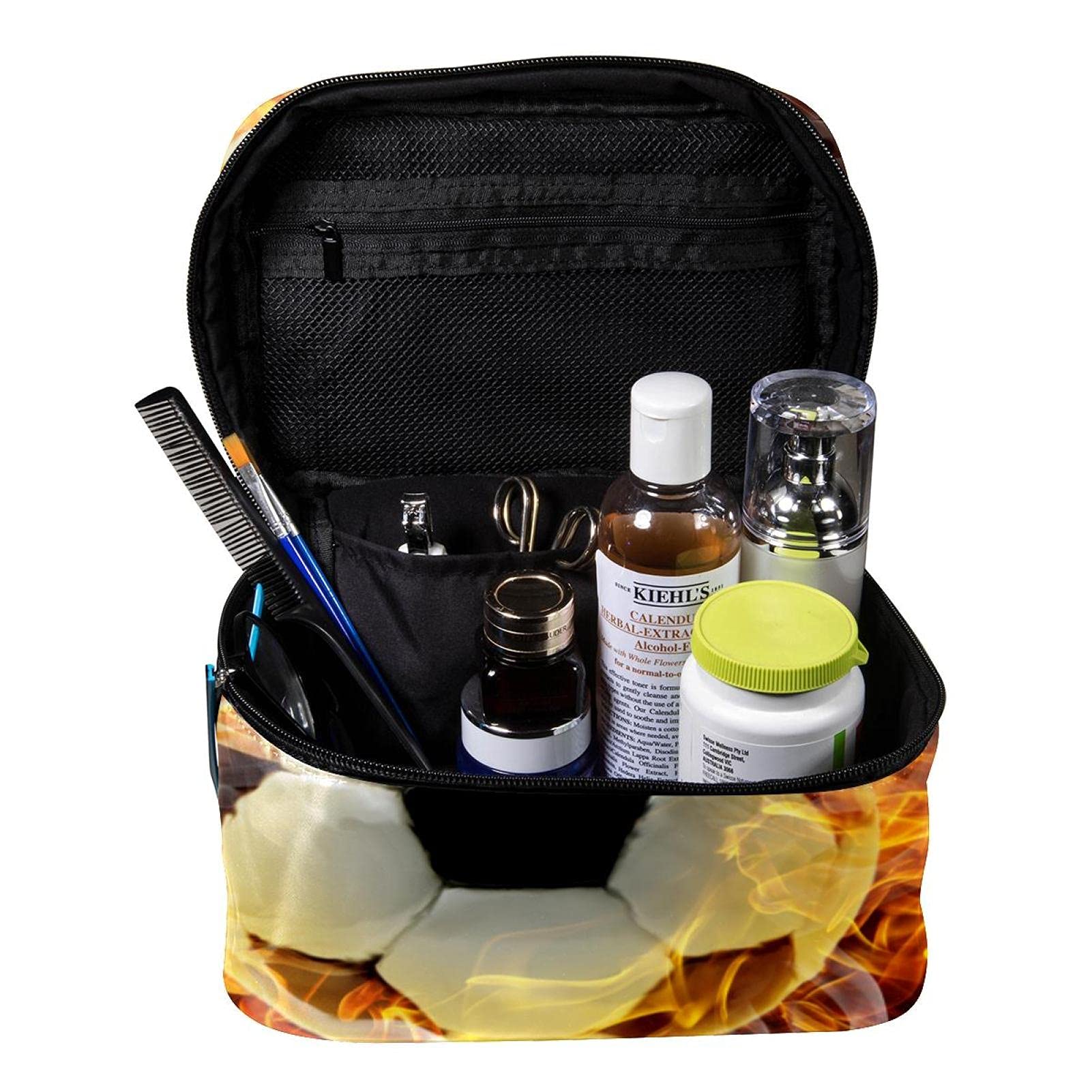 Waterproof Large Fire Burning Football Soccer Travel Makeup Bag - Cosmetic Case Organizer with Zipper for Women & Girls - Perfect for Gym, Travel, Sports & Daily Use