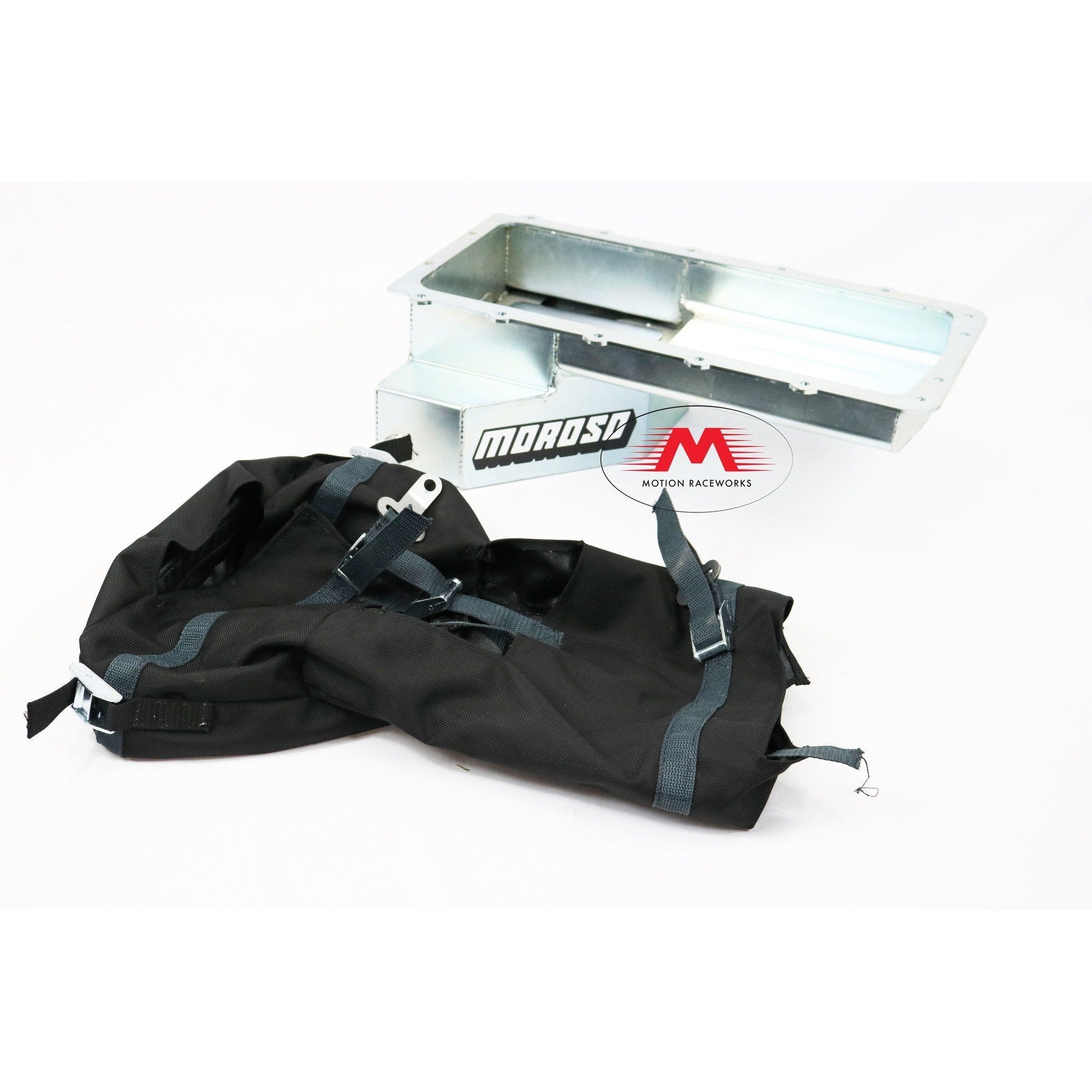 Motion Raceworks 5.0L Coyote Engine Diaper - NHRA & IHRA Approved Oil Pan Safety Containment (Fits Moroso 20571/20577 Pans, Motor Mount Compatible w/Cutouts) - Drag Racing, Track Protection & High-Performance Engine Safety