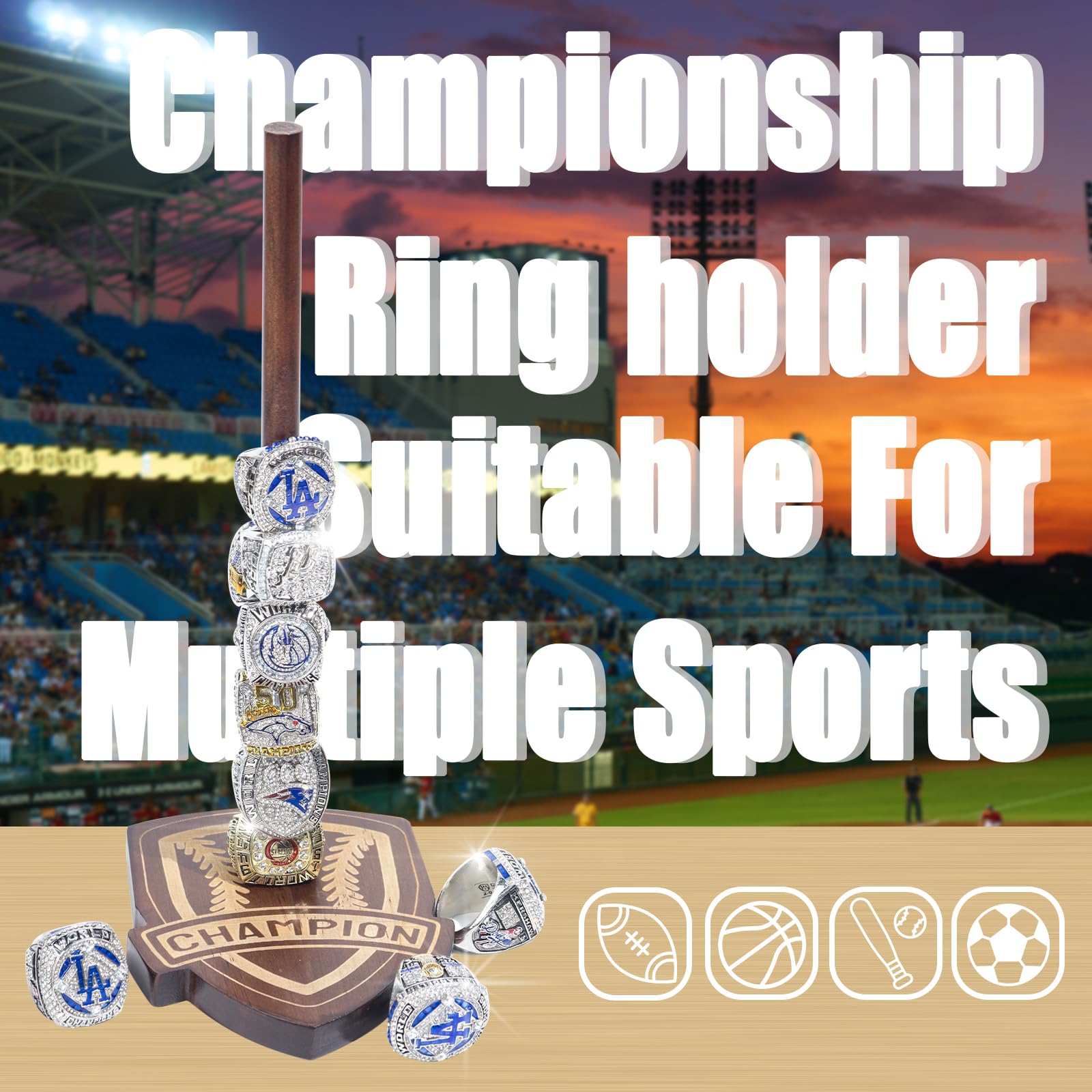 Championship Baseball Ring Holder - Wooden Display Stand for Softball & Sports Rings with Engraved Patterns - Perfect for Trophy Case, Memorabilia Display, or Gift for Athletes